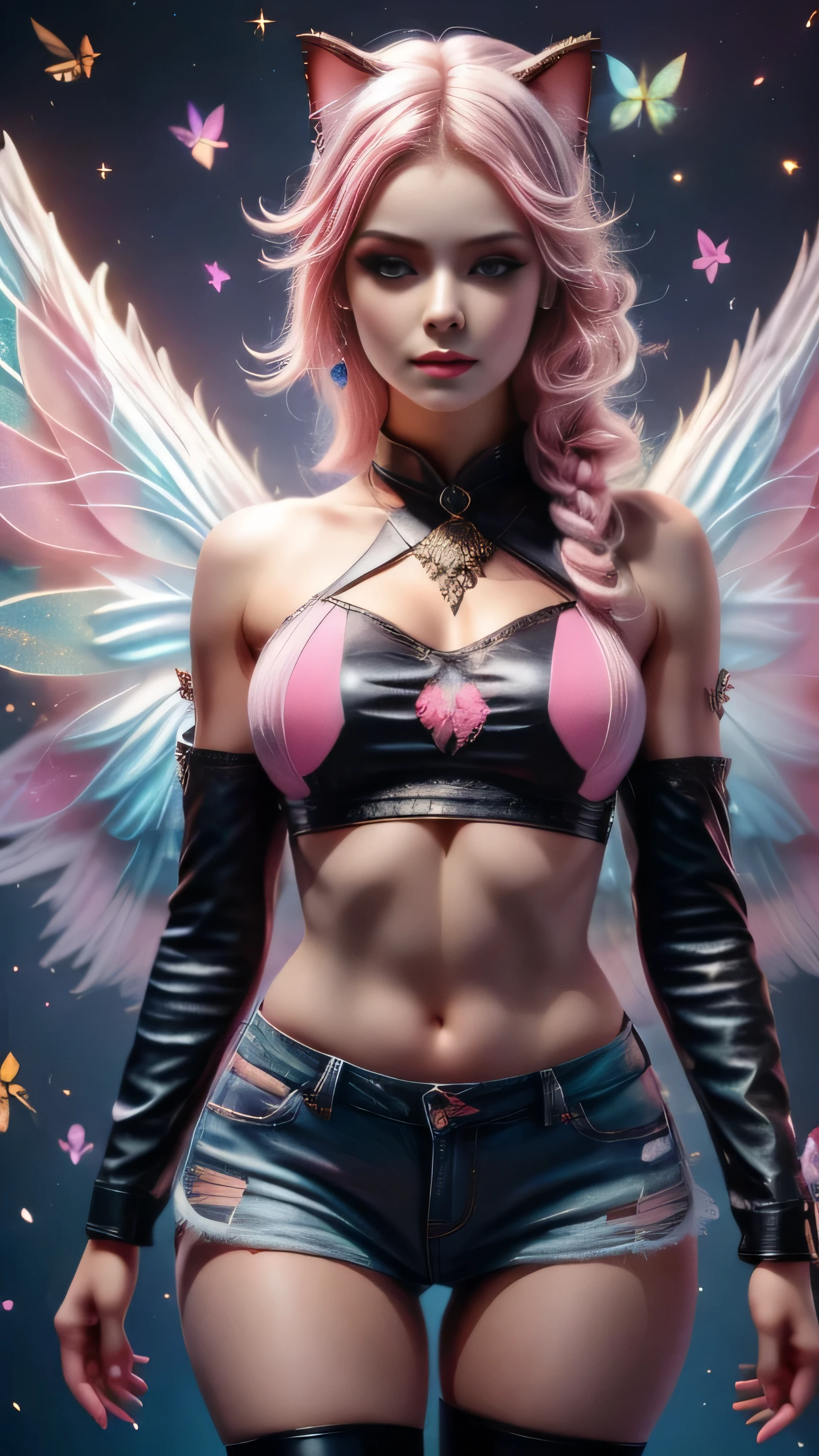 shimmering, sparkling, airbrushed gothic beauty with long black and pink hair in flowing waves, blue eyes, full slim skinny gothic cat girl body, ragged black and pink fluffy wings extending behind her crouching figure, her outfit consists of a pink long-sleeved top with the words "No More Flying" on it, ripped black jeans, pink leather boots, a mottled pink and black background with fluttering feathers, fantastic realism sparkles with unearthly magic
