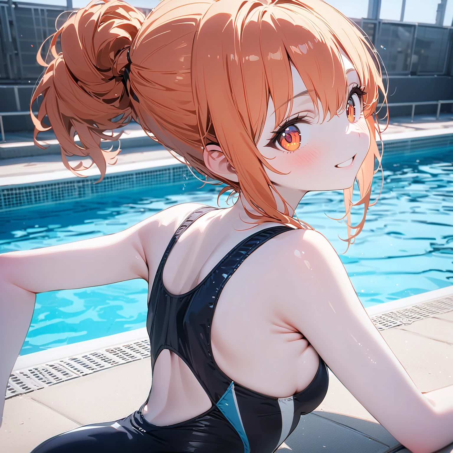 top-quality、Full limbs、complete fingers、Slender beauty、1人の女性、((orange hair woman))、Woman in a ponytail、Beauty busty woman、((Orange competitive swimsuit))、((Brown pantyhose))、A big smile、((Love))、inside in room、a bed