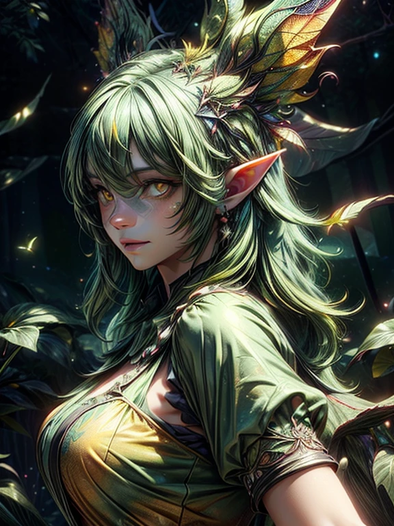 prismatic coloration, holographic environment, young girl, black skin, Beautiful, elven ears, Serious expression, ponytails, leaf green hair, Heterochromia with deep green & Gold eyes, C-cup, lithe, fit, Modest-attire, full-body, slender legs, beautiful eyes, freckles, leaf green eyebrows, Cute butt, (long straight prismatic Demon horns:1.2), wielding magic wand, Battle stance, grassy aura, mystic black-Green cloak with Golden Floral designs