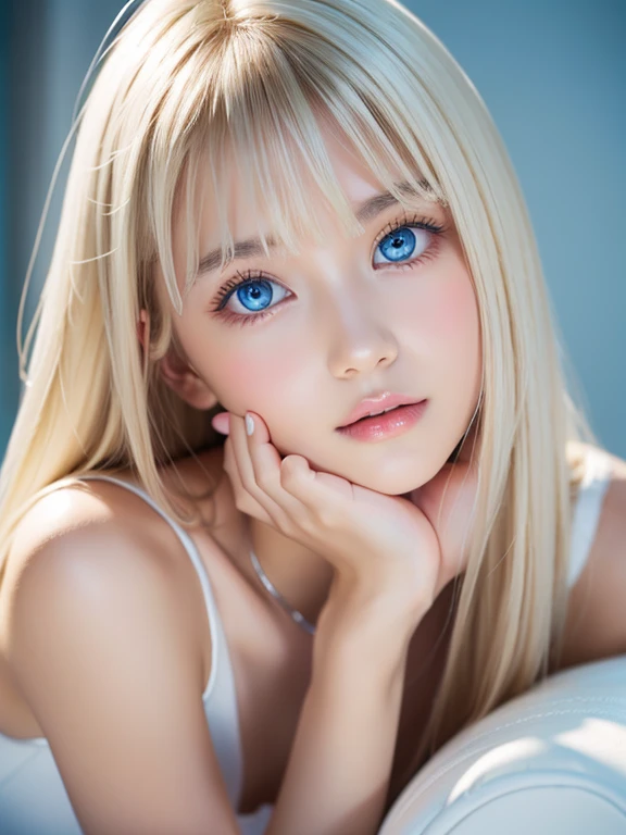night、RAW Photos、(((A portrait of extreme beauty)))、((Glowing Skin))、1 girl、15 years old beautiful girl in Prague、((Natural bright platinum blonde hair))、[blue eyes]、Shiny, glossy skin、Silky long straight hair、eyeliner、Long Bangs、Hair between the eyes、Fluttering Hair、((masterpiece、最high quality、Super detailed、Film Light、Intricate details、High resolution、8K、Very detailed))、Detailed Background、8K uhd、Digital SLR、Soft Light、high quality、Film Grain、Fujifilm XT3 、Shallow depth of field、Natural light、（Perfect hands）、Perfect pretty face