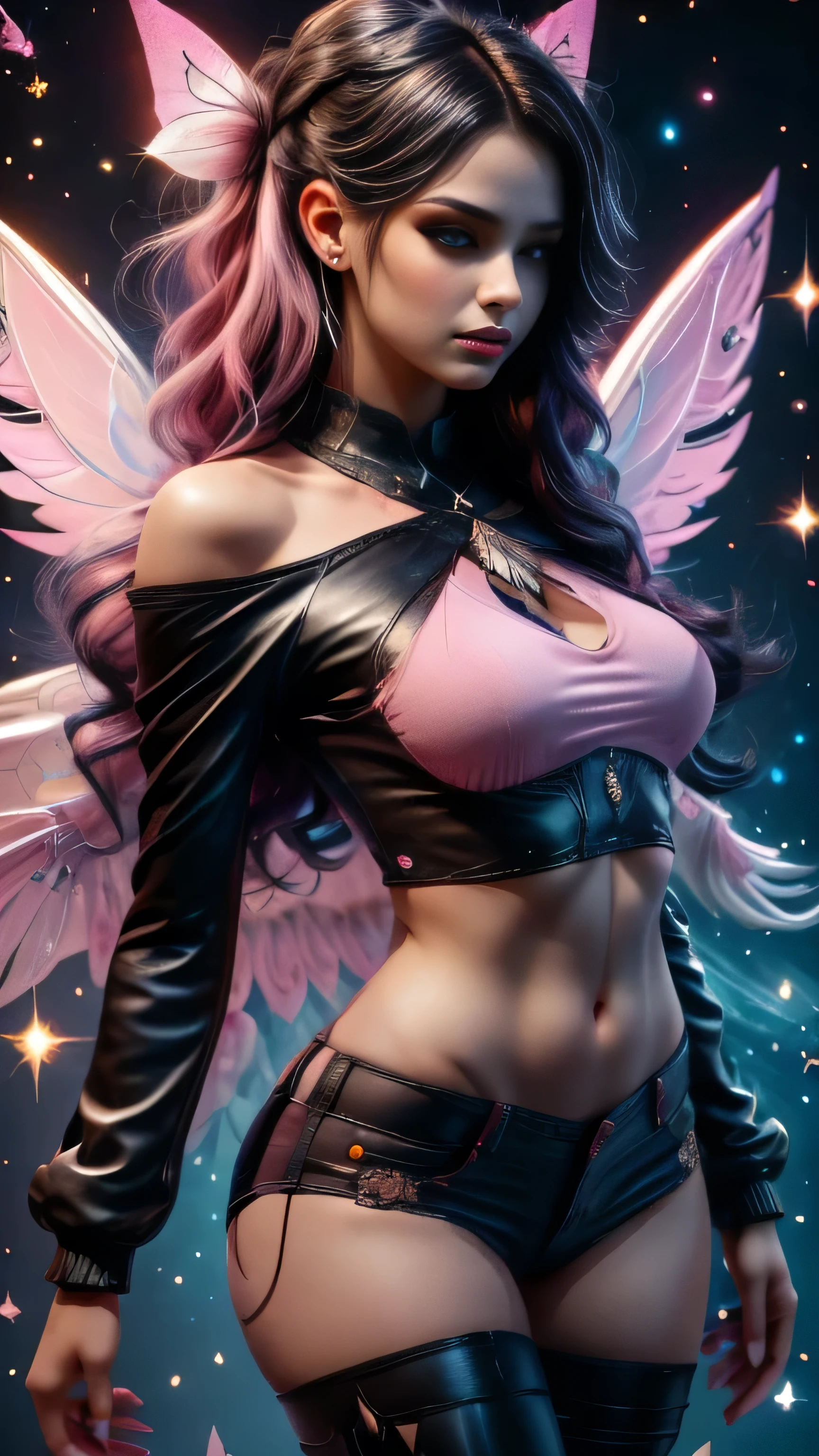 shimmering, sparkling, airbrushed gothic beauty with long black and pink hair in flowing waves, blue eyes, full slim skinny gothic cat girl body, ragged black and pink fluffy wings extending behind her crouching figure, her outfit consists of a pink long-sleeved top with the words "No More Flying" on it, ripped black jeans, pink leather boots, a mottled pink and black background with fluttering feathers, fantastic realism sparkles with unearthly magic