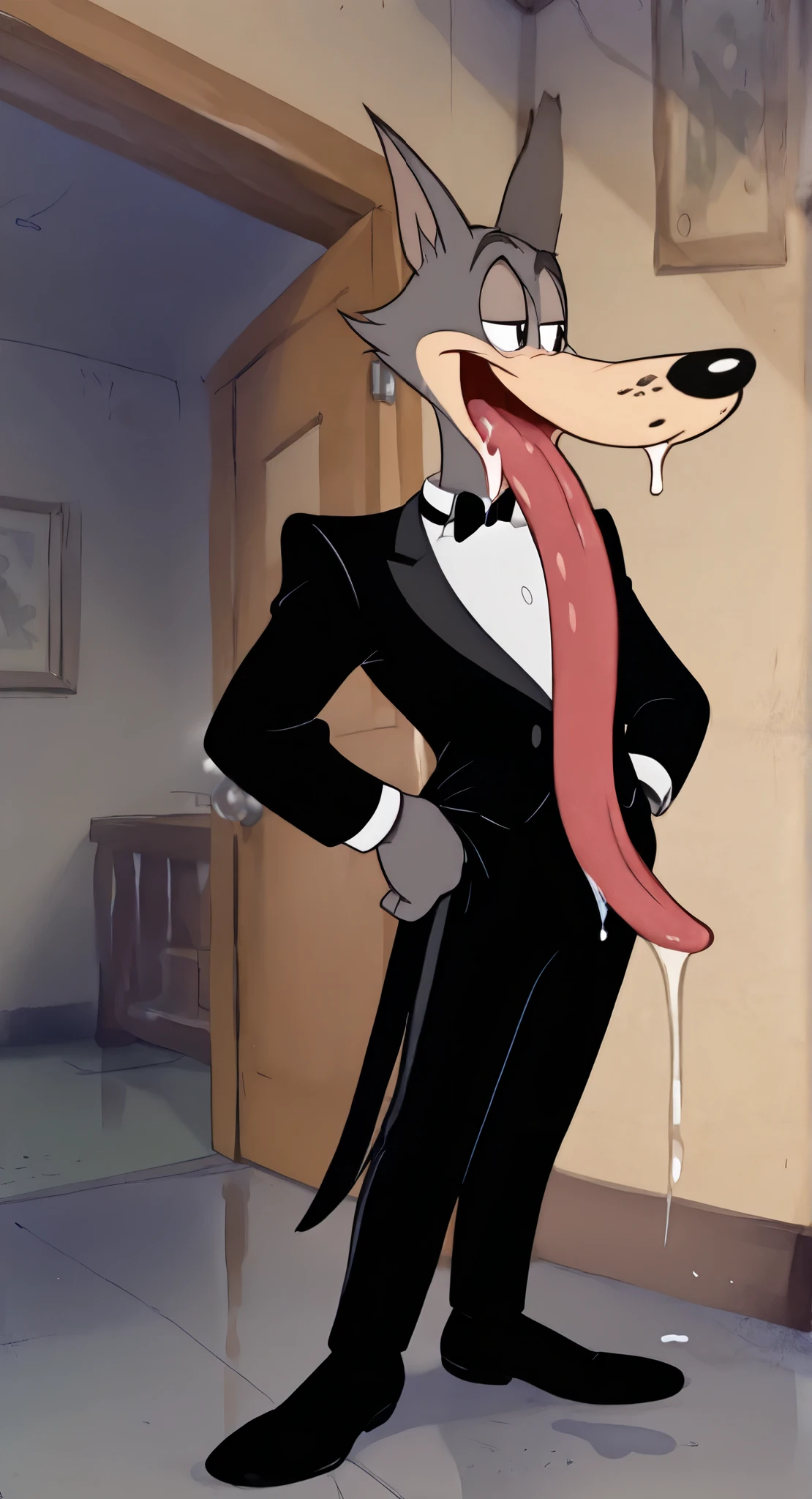 Tex Avery Wolf, animation, 2D, cartoon style, wolf ears, angle, athletic body, mouth open, toony hyper long tongue out, extremely infinite long tongue stretches down longer and longer and longer and longer to pile everywhere on the floor, drooling, satisfied expression, grey fur, detailed fur, detailed eyes, Male Character Design, High Resolution, illustration, Super Detailed, Textured Skin, full body, standing up, solo, furry, eyes open, black pupils, indoors, resturant background, best quality, high quality, masterpiece, male focus, wearing black tuxedo suit, wearing black tuxedo trousers, wearing black shoes