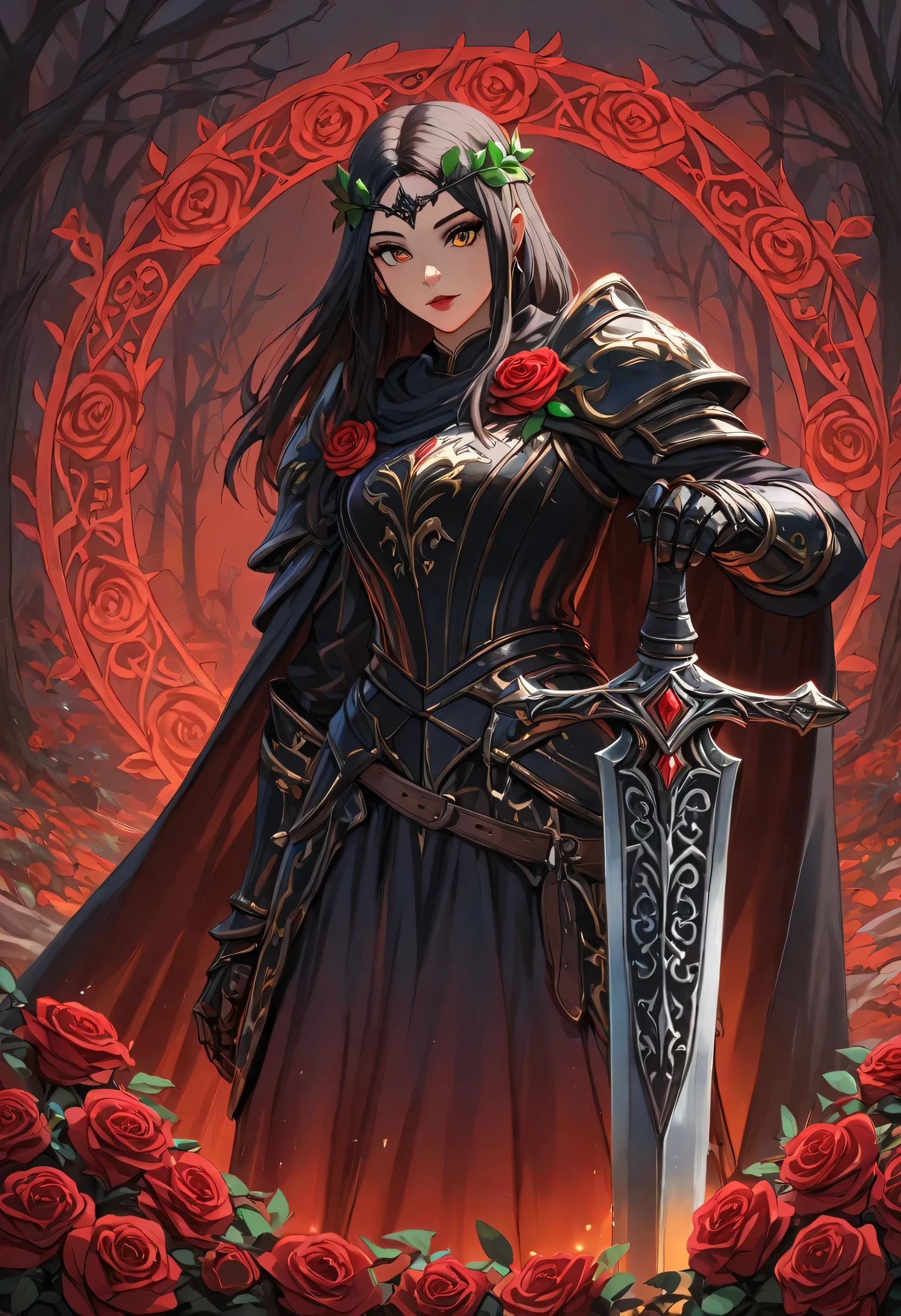 arafed high details, best quality, 16k, (ultra detailed: 1.5), masterpiece, best quality, (extremely detailed), RAW, dnd art, fantasy art, an epic sword with a rose vine entwined on the blade, a magnificent silver shinning sword, with a diamond in the hilt, there is a red rose vine entwined along the blade, dynamic fantasy background, invert color