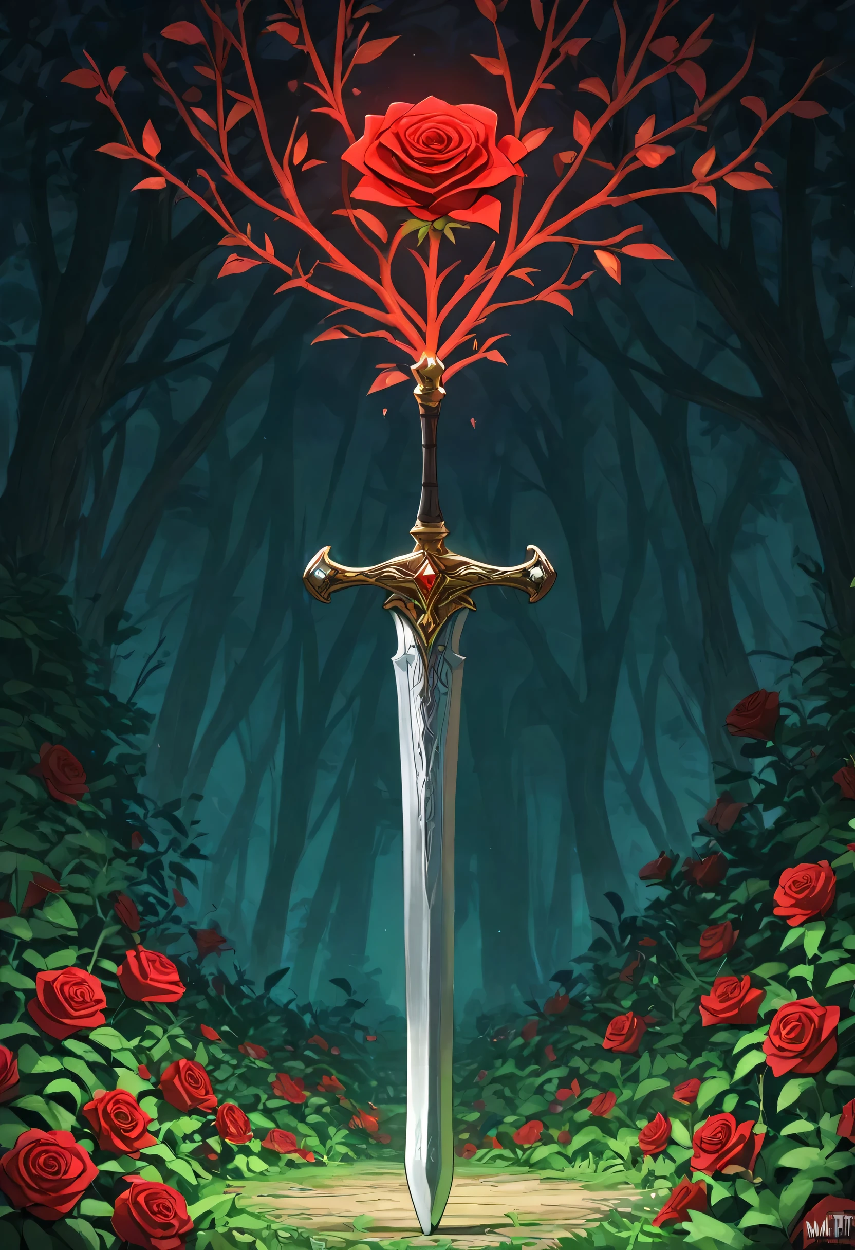 arafed high details, best quality, 16k, (ultra detailed: 1.5), masterpiece, best quality, (extremely detailed), RAW, dnd art, fantasy art, an epic sword with a rose vine entwined on the blade, a magnificent silver shinning sword, with a diamond in the hilt, there is a red rose vine entwined along the blade, dynamic fantasy background, invert color
