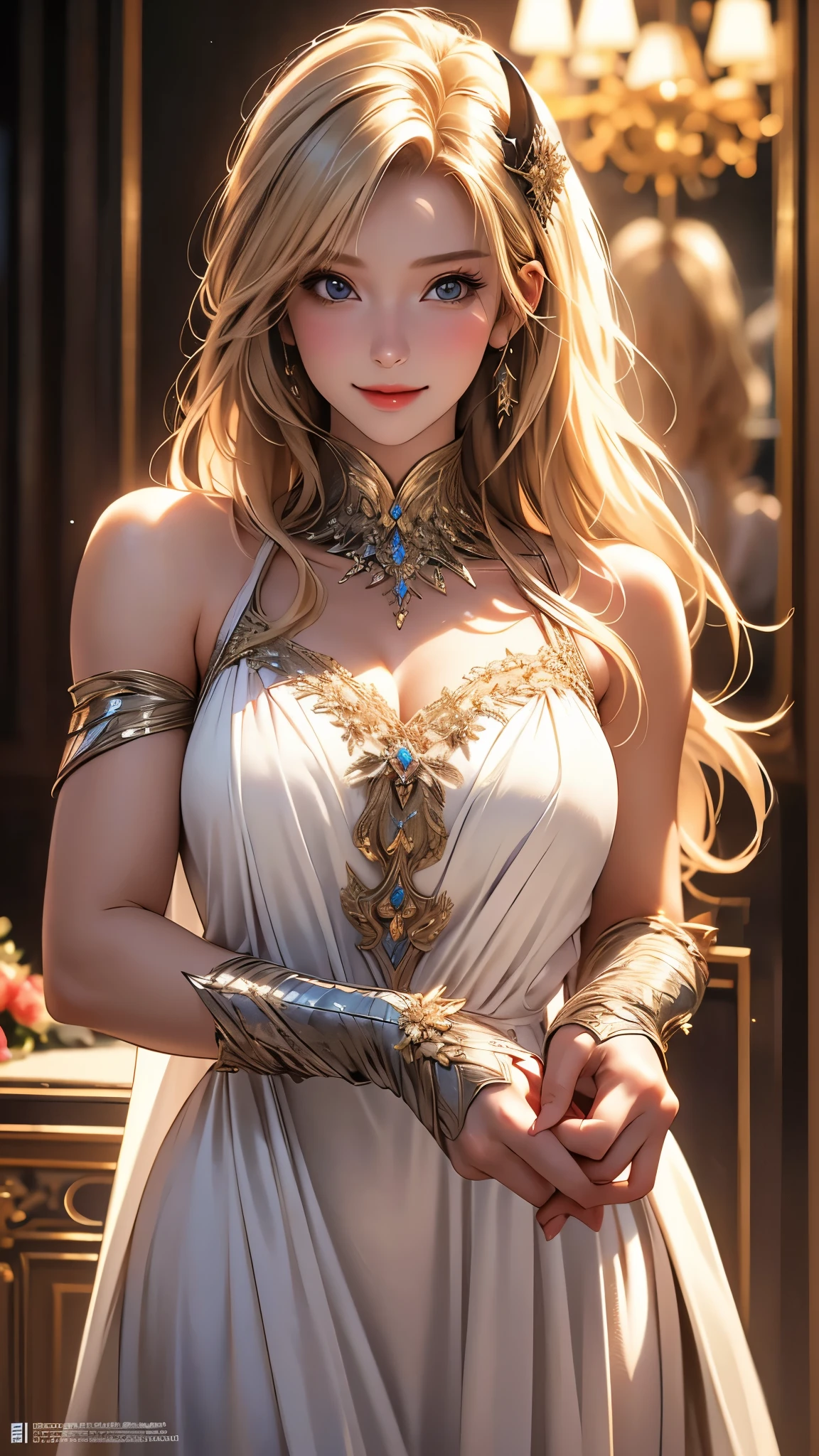 8K,Empress goddess wearing a white dress and holding golden feathers, Mature goddess with very big breasts,Super beauty(Like the real thing)super realistic skin,sexy goddess costume,beautiful long white hair,Delicate and precise golden decoration,fanart best artstation, ig model | ArtGerm, a beautiful fantasy empress, ArtGerm. very detailed Artgerm, 2. 5 d cgi anime fantasy artwork, wlop and ross tran, ((a beautiful fantasy empress)), Trending on CGSTATION, ross tran and wlop,big earrings with red gemstones,Very gentle smile,very large breast,