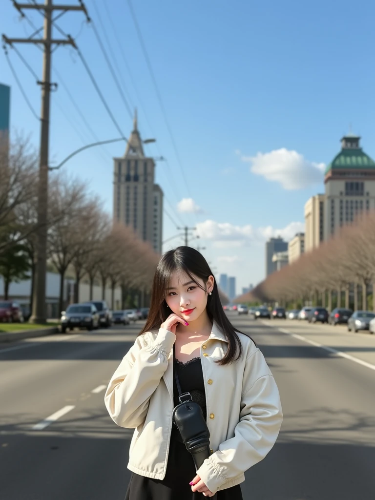 official art, masterpiece, sharp focus, (beautiful gorgeous cute Korean woman:1.3), (beautiful cute korean:1.3), korean beauty, Delicate and beautiful hair and eyes and face, realistic, ultra detailed, beautiful girl, blue sky, glow white particle, (sidelighting:1.2), sun light, white cloud, detailed clouds, slender, Lovely very large breasts and very large hips, smile with teeth, ((smile with eyes, open both eyes)), scenery, long straight hair, sexy facial expression, building, (cityscape:1.7), dynamic hair, long straight hair, detailed platinum pink hair, glow blue eyes, (blue pleated shirts + white skirt), white long socks, pale skin, hair ornament, epic scenery,