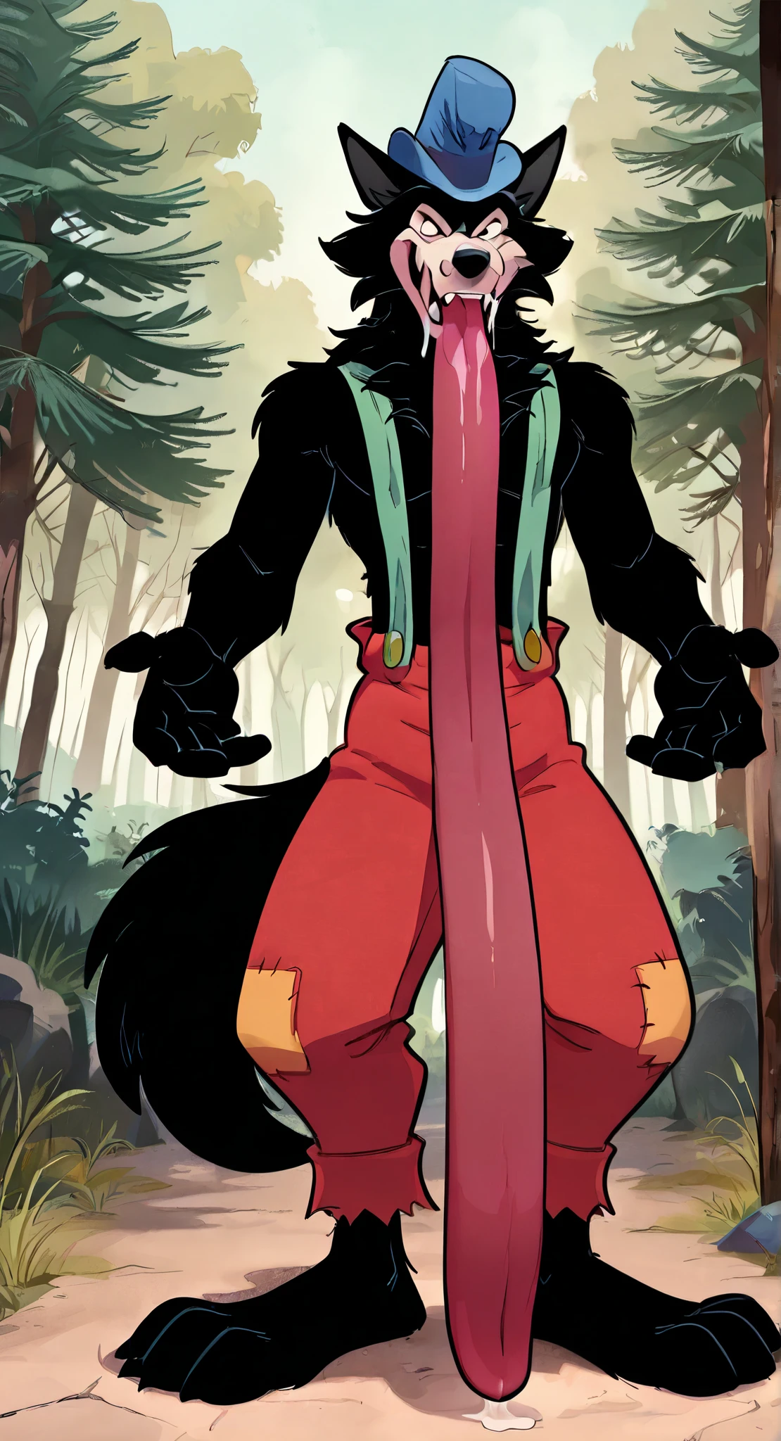 Big bad wolf, animation, 2D, wolf ears, looking at viewer, front view, mouth open, big toony long tongue, extremely long tongue slides down longer and longer, drooling, evil smile, black fur, detailed fur, detailed eyes, Male Character Design, High Resolution, illustration, Super Detailed, Textured Skin, full body, solo, furry, eyes half closed, standing, outdoors, nature background, best quality, high quality, masterpiece, standing, male focus, wearing blue hat, wearing green suspenders, wearing ragged red trousers