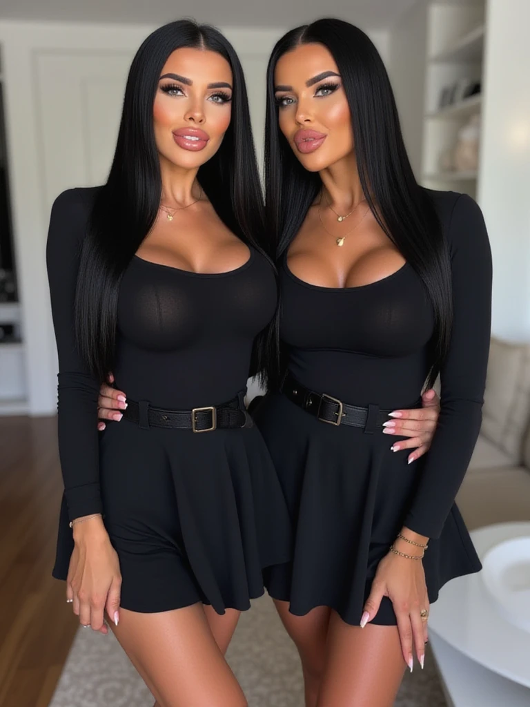 Mulher de cabelo preto, liso e escorrido, com vestido preto com fenda. Linda e atraente, em tema vampiro.
