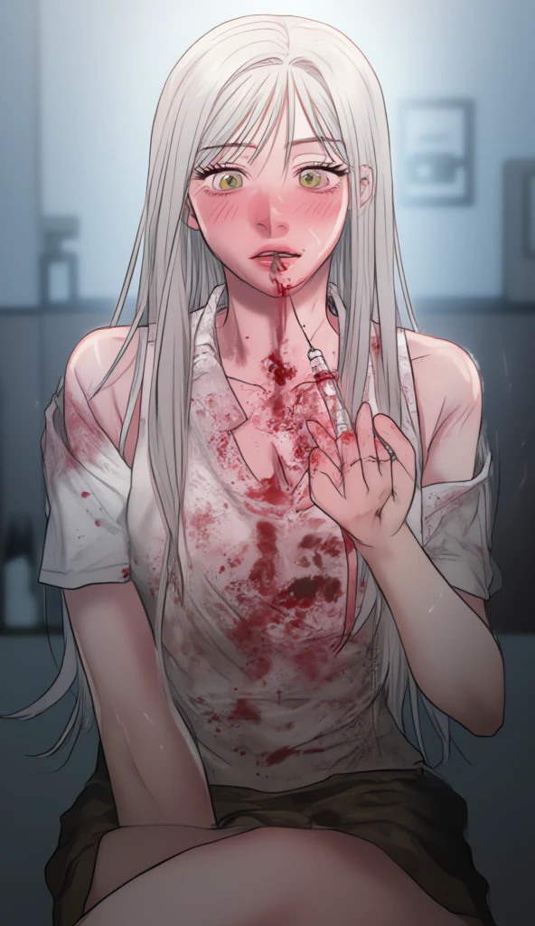 1girl, white long hair, green eyes, green pijamas, blood, scary,