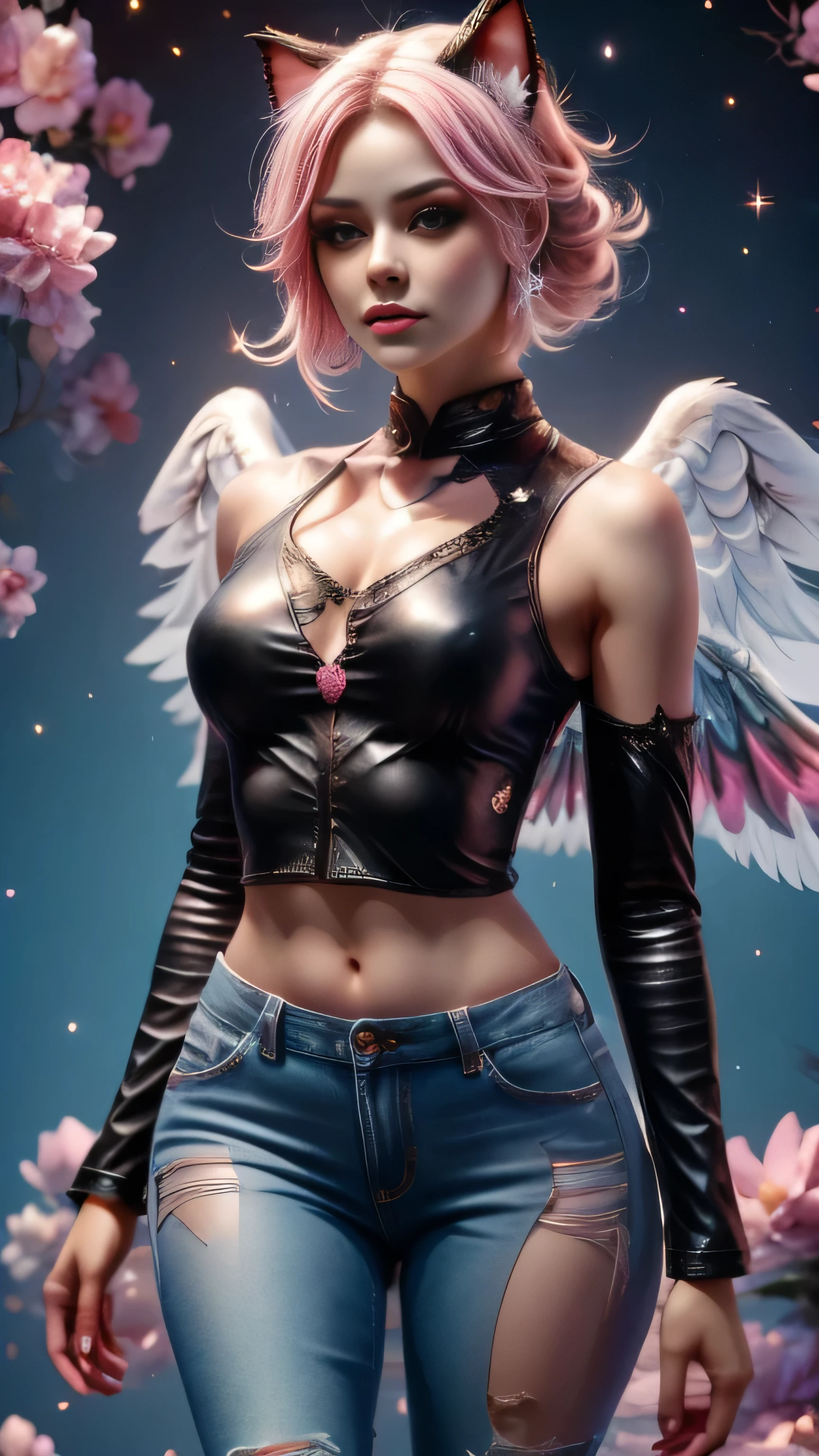 shimmering, sparkling, airbrushed gothic beauty with long black and pink hair in flowing waves, blue eyes, full slim skinny gothic cat girl body, ragged black and pink fluffy wings extending behind her crouching figure, her outfit consists of a pink long-sleeved top with the words "No More Flying" on it, ripped black jeans, pink leather boots, a mottled pink and black background with fluttering feathers, fantastic realism sparkles with unearthly magic