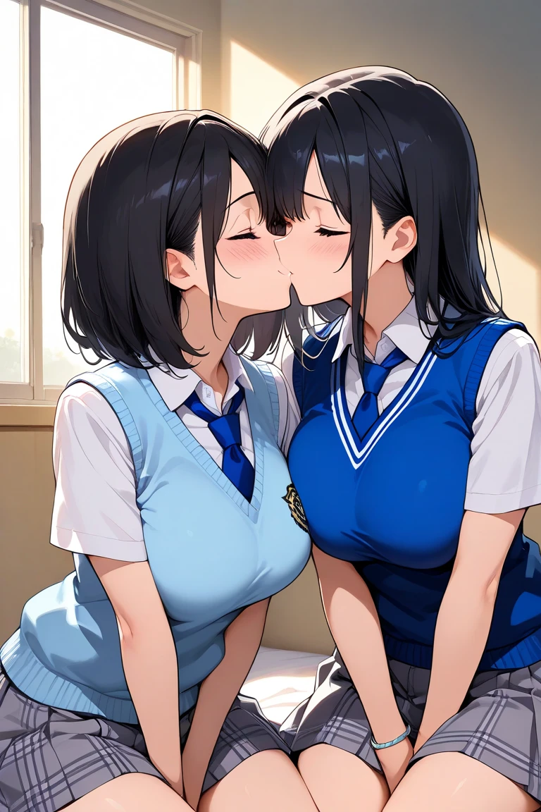 Two age girls，angry look，equivalent height，In the classroom，girl with black hair，Facing each other and staring，hug each other，The two bodies are close to each other，kiss、Picture of two people、Holding hands and facing each other、Photograph of two people facing each other、Push each other、Stick your boobs and boobs together、super big breasts、uniform、high school girl