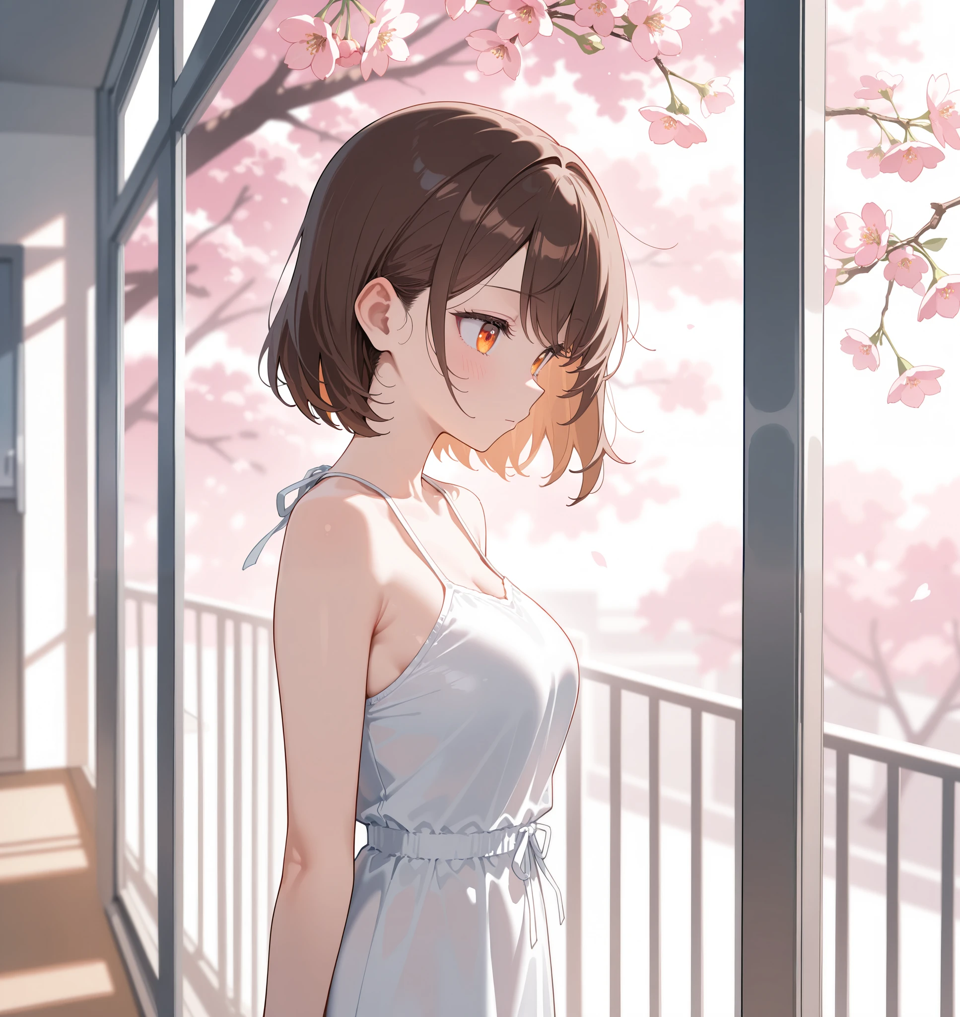 Anime girl in a blue dress standing in front of a window - SeaArt AI