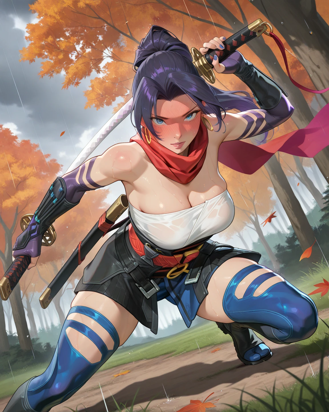 Stema Peace、hanekawa tsubasa、attack of glasses、A dark-haired、large boob、 (Black hair, Brown eyes, Round face),With ribbon, (nose blush, half opened eye),, [Full body shot]、eye glass、Head-to-toe shots、A dark-haired、Kunoichi&#39;My clothes are torn、Holding a dagger in each hand、