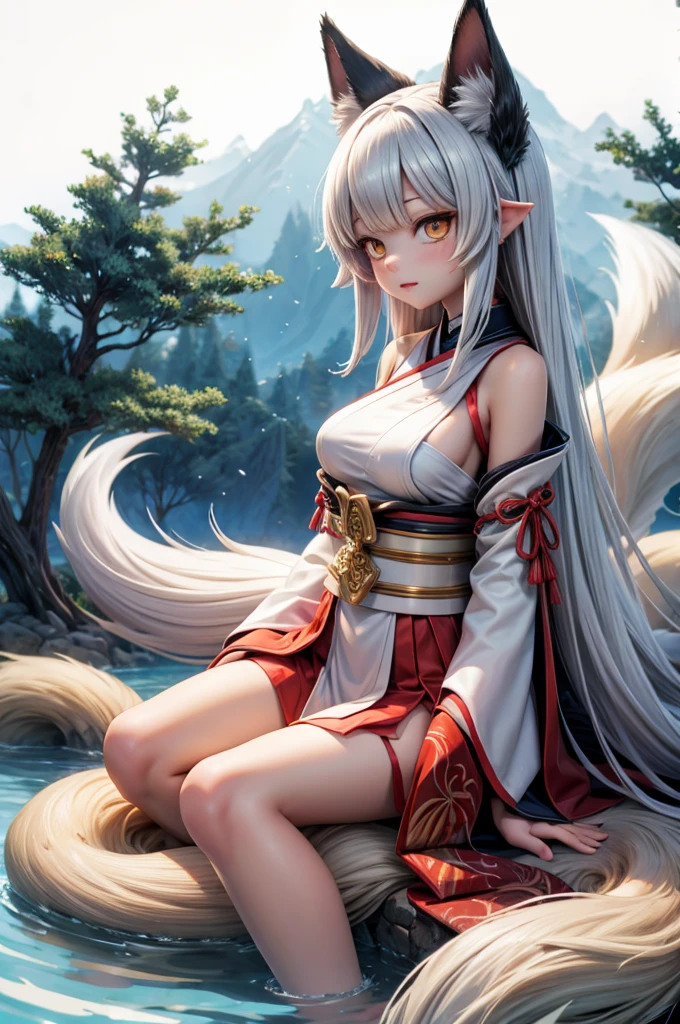 A beautiful white hair Valkyrie rests in a tranquil forest glade during the day, her armor battered and showing signs of a fierce battle,((pubic hair)),(legs spread),pussy, (((peeing))), squat,legs apart,pubic hair, pained expression, (((energetic urine))),