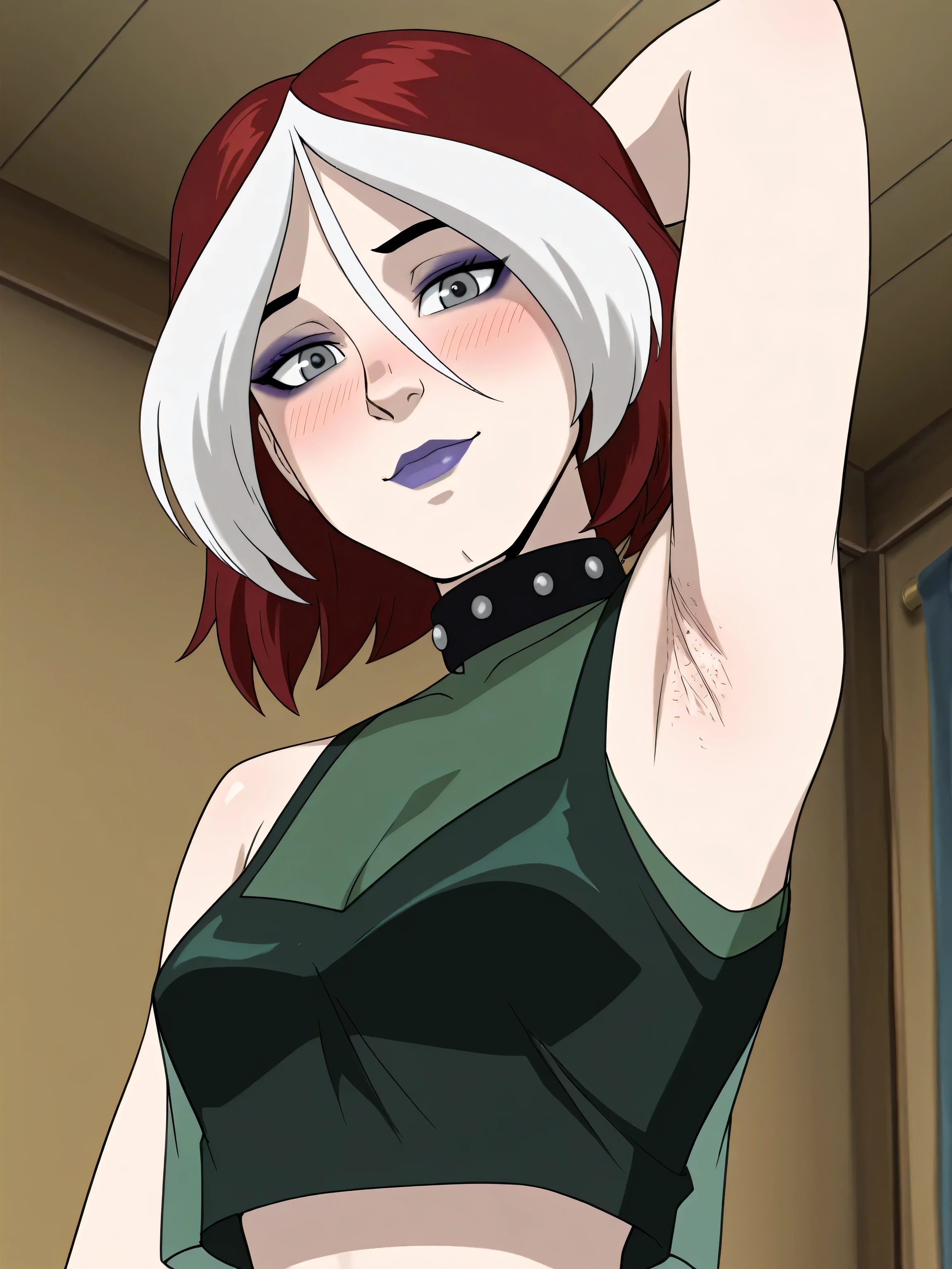 masterpiece, best quality, amazing quality, anime screencap, 1girl, solo, xroguex, dyed bangs, white hair, red hair, hair between eyes, (grey eyes:1.1), makeup, purple lips, collar, crop top, see-through shirt, sleeveless, bare shoulders, bare arms, arm behind head, armpit, head towards viewer, looking at viewer, light smile, closed mouth, front light, indoors, from side, from below, blush, armpit stubble