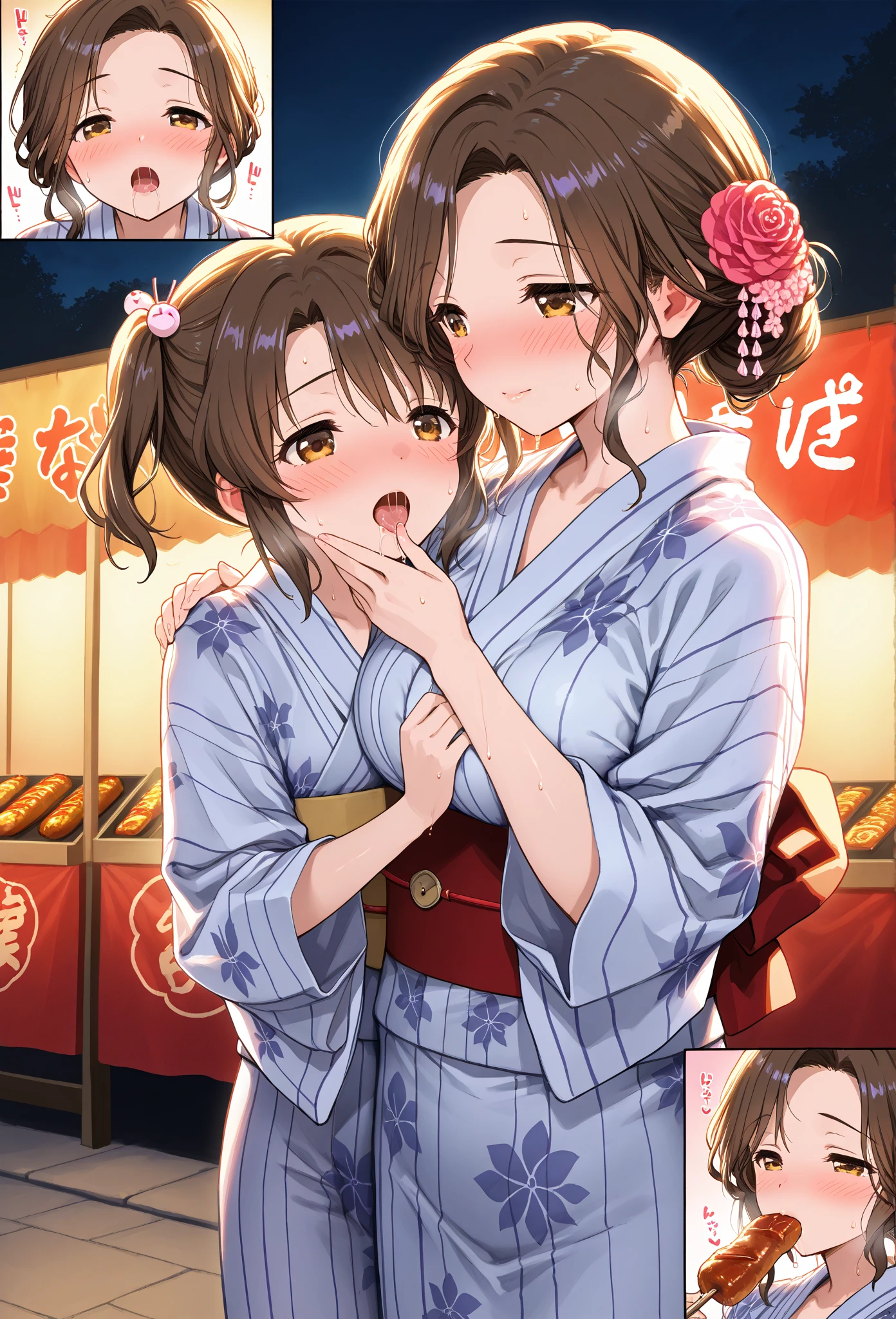 Masterpiece,Highest quality,Detailed Background,night,Fireworks seen from between the food stalls,1 Girl,Red eyes,smile,Long twin tails,Brown Hair,Eyebrows visible through hair,Flat Chest,Blue yukata,Cleavage,Nipples,upper body,1boy,1boys hand,hetero,breast grab,steam,orgasm,(hetero)