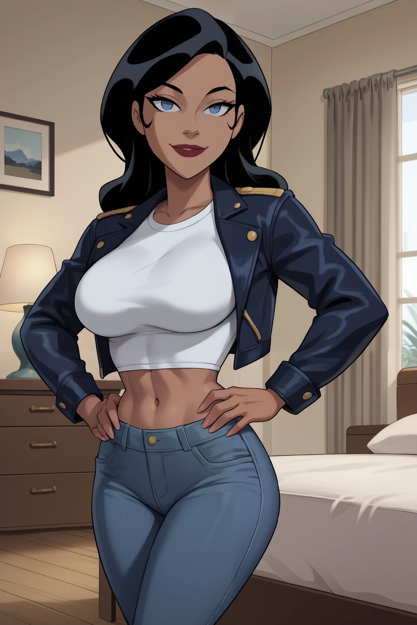 PonyXLV6_Scores BREAK ((parody) perfect anatomy, perfect eyes, cowboy shot), BREAK zatanna zatara, long hair, black hair, dark-skinned female, blue eyes, red lipstick, ((looking at viewer)), long hair, navy jeans, large breasts, curvy, toned, athletic, bedroom, navy crop top, indoors, smile, closed mouth, happy expression, standing, navy leather jacket, open jacket, hands on hips
