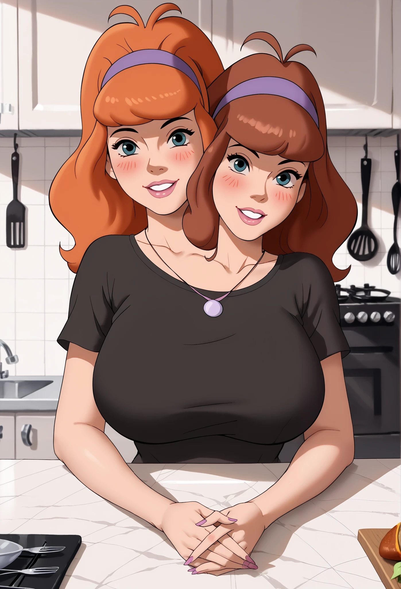 2heads, 2 headed girl, a tall woman with 2 heads. Wide shoulders. She is wearing a black t-shirt. Wearing necklace. She is sitting down in kitchen table, holding your hands. Inside.. Soft face. She has long messy brown hair. She is very tall. Blushing. Huge breasts. Full body view. Sexy. Blushing, cute. Clevage. Daphne Blake. Hilda.