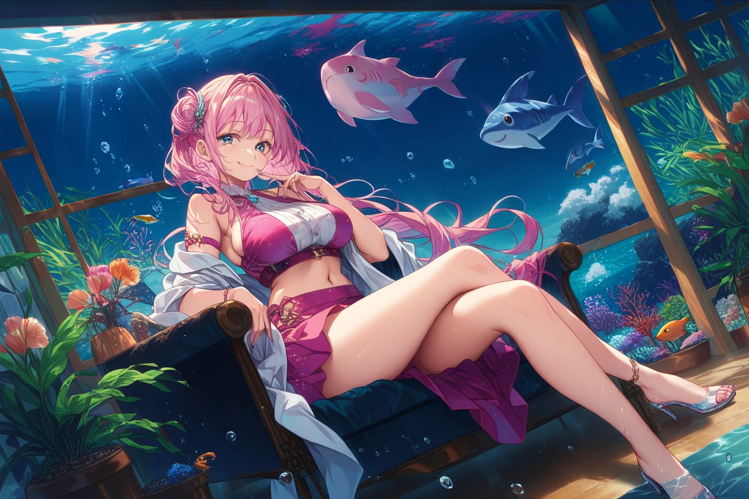 best quality,ultra detailed,extremely detailed and beautiful,perfect anatomy,perfect hands,(Undersea), 1 girl, full body ,(Himemori Luna),(12 years old)+,pink hair,Odd Eyes,right purple eye,left green eye, (long hair), gradient hair,blue hair,(frilled black bikini),(low rise bikini), crown, fetal position ,cry,(Fish pulls on bikini:1.4),topless,
