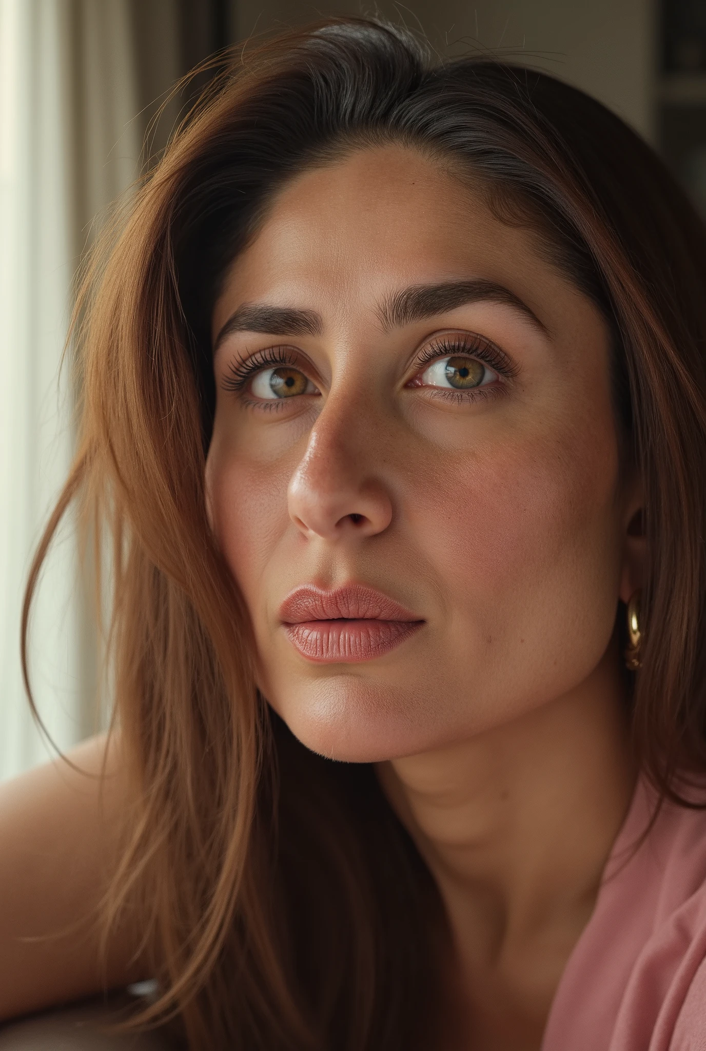 Create a very realistic image of Kareena, a sublime young brunette woman with smooth hair, 30 years old, with brown eyes and a perfect body, home assistant for the elderly, in a short summer dress. Who kisses an elderly indian man on the mouth