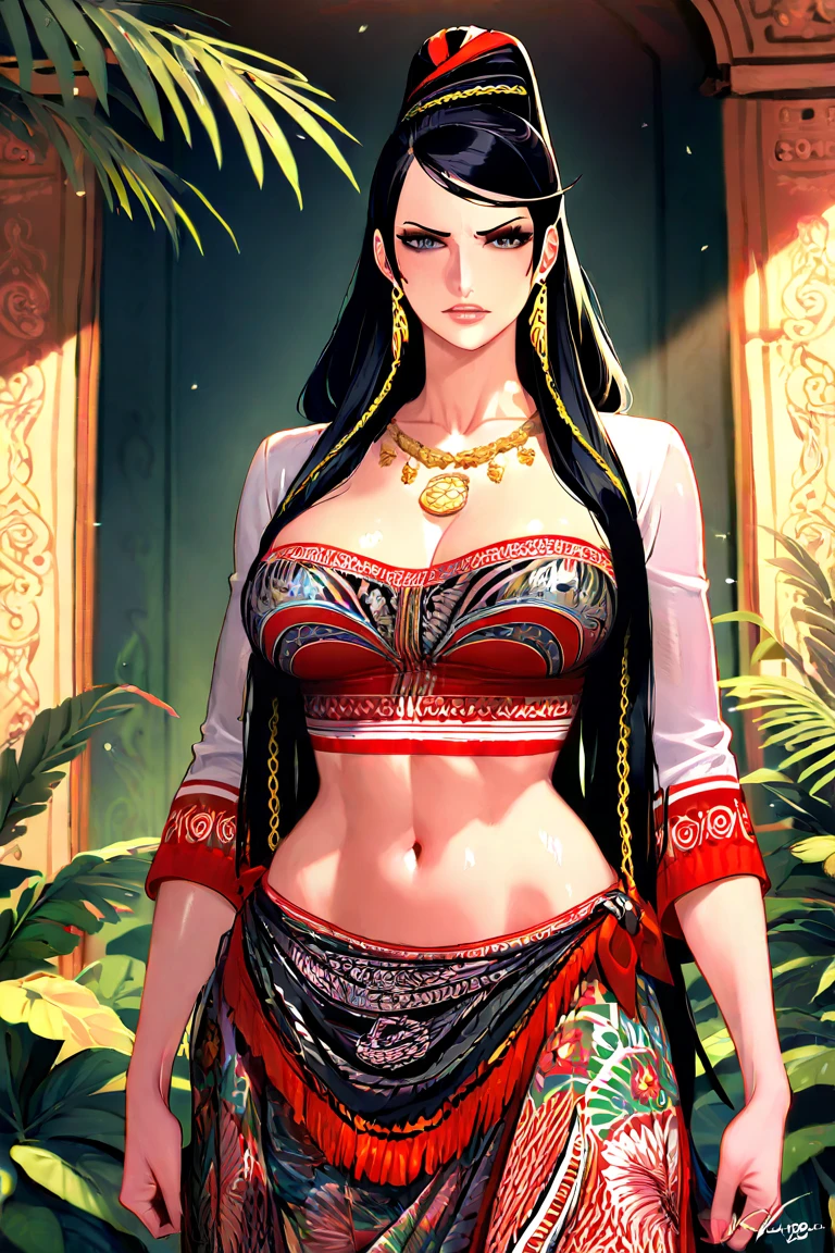 full display of temple jewelry, a pair of earrings, necklace, bangles, navel piercing, ring, maang tikka highly detailed vray render, flash, high quality, 18k, black hair, long hair, multicolored dress, hair ornament, golden embroidery, ancient indian, midriff peek, waist jewelry, (nose pin), armlet with golden chains, (close-up), golden shawl with intricate leaf embroidery, embroidered dress, (kamarband:1.1), veil over eyes,RED HAIR,RED EYES