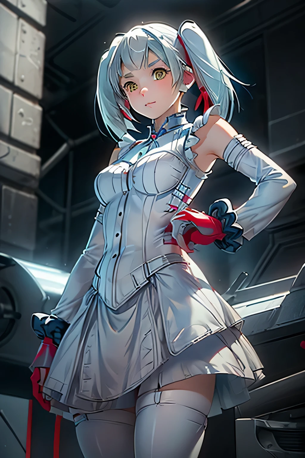 (8k, Realistic, RAW Photos, Highest quality, (from below:2), View your viewers: 1.3), (Fox Girl, Fox Ears, One Girl, Alone on the screen, dark skin, High definition, (boyish, Silver color very short hair), (Silver and blue odd eyes):1.4), とてもbeautiful, (Realistic Face), (maid apron, Clothes that are mainly black with red accents, Long skirt, Clothes with an open chest, (mecha musume):1.5), (Body measurements: 88-55-77!, Height is 145 cm, Nice body, Big Breasts, skirt hold, slender, Accentuate the cleavage:1.6), Standing posture, A brilliance that captivates the viewer, beautiful expression, beautiful breasts, (Realistic Skin), beautiful...