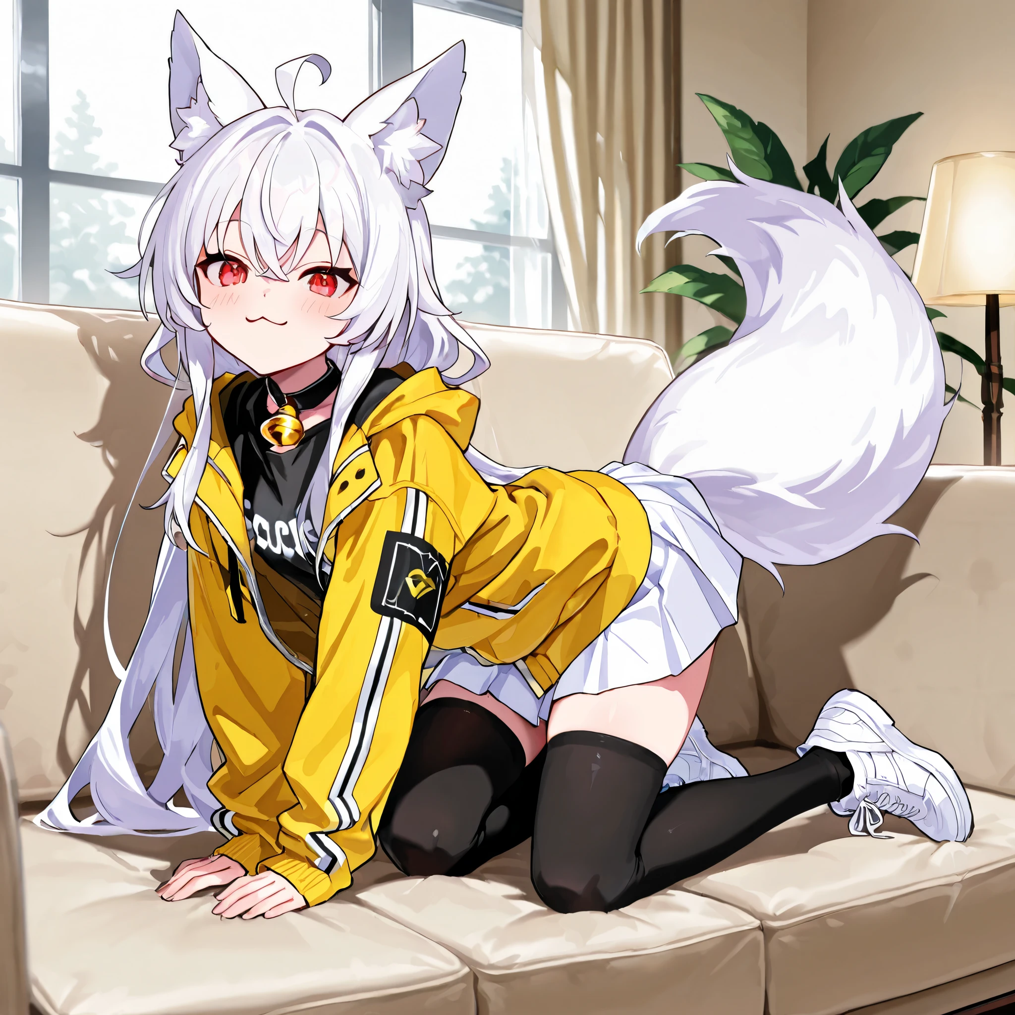 score_9, score_8_up, score_7_up, 1girl, white hair, red eyes, bell collar, black shirt, yellow jacket, white skirt, fox ears, 4k, 8k, 16k, full body, best quality, outside, fox tail, PonyScores, living room, HDA_ChibiStyleXL, white shoes, black thigh highs, :3, cat mouth, cute pose