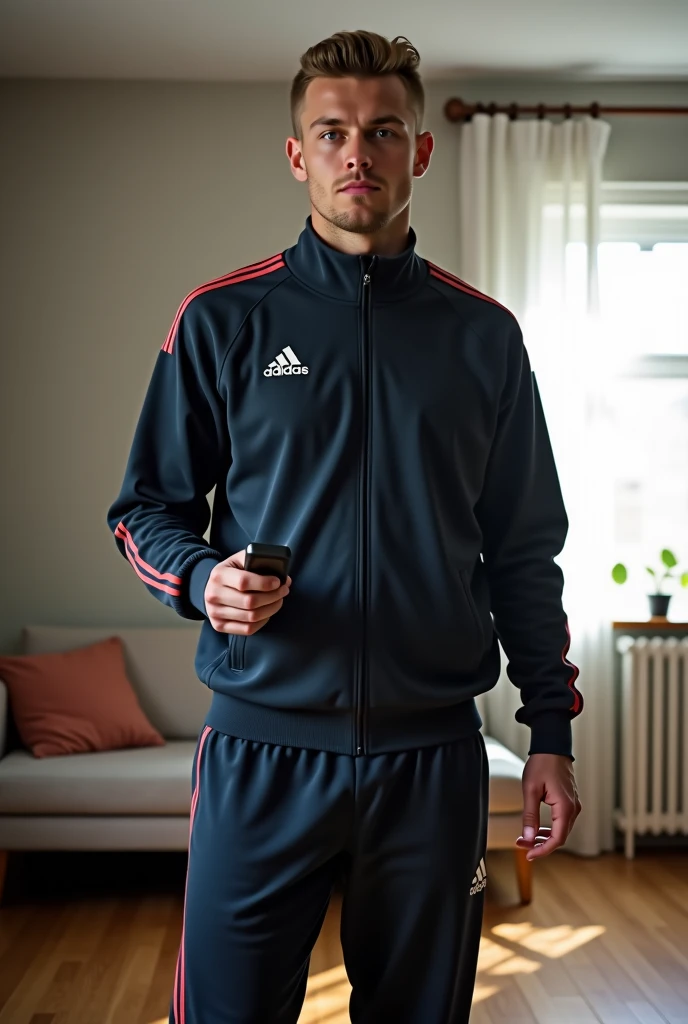 from the side, looking at the camera, hands in pocket, male focus, wearing an Adidas tracksuit, Contrapposto, photo of sc_nxn <lora:sc_nxn-07:0.85>, industrial warehouse with high ceilings and large windows, weights kettlebells gym machines in the background, soft diffused lighting, focused and determined expression