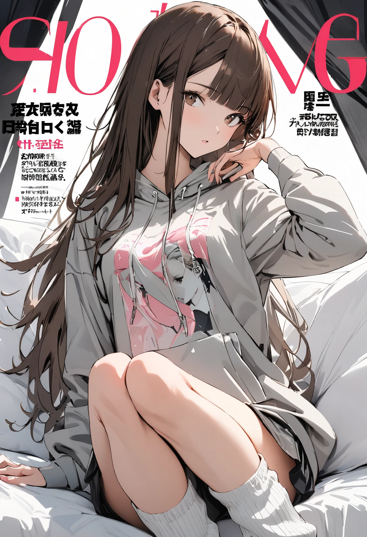 (super flat, flat shading, flat color:1.1)、(magazine cover)、An illustration、(One Asian boyish girl)、(cute:1.2)、Very beautiful 14 year old girl manga、cheeks are red、(high detail skin: 1.2)、Photorealistic anime girl rendering、Realistic anime 3D style、cuteボブカット、beautiful brown hair、intense black eyes、strong eye highlights、(be familiar with、Medium chest)、perfect anatomy、hair is dirty、(sweaty)、Pale pink underwear、(wet with water)、thighs are open、head tilt、sit on the bed、((from behind、hind leg、heart cutout、hip incision))、volume lighting、soft light、bright、Light from behind、bright色、watercolor painting、shortcut、hair band、frills、