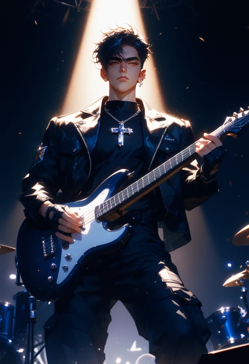 playing the guitar while standing up, detailed portrait, ((man playing black electric guitar, standing up)), (short hair, black hair, tight black cargo pants, black leather jacket, black shirt, ear piercings, looks like a kpop idol, silver necklace with a cross, black fingerless gloves), stage, spotlight, concert hall, atmospheric lighting, cinematic, dramatic, masterpiece, 8K, hyper-detailed, physically-based rendering,vibrant colors,dramatic shadows,cinematic lighting