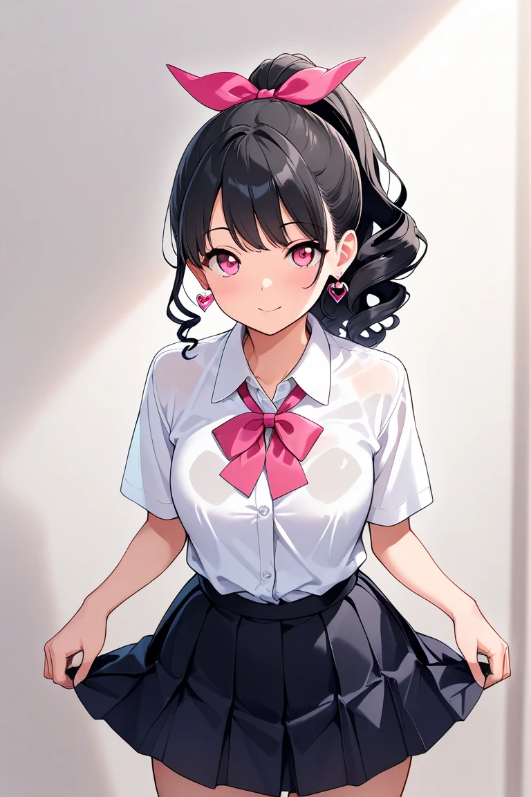 NSFW、Ultra-realistic 8K CG, masterpiece, ((Highly detailed background, Delicate pattern, Exquisite detail)), Highest quality, masterpiece, Highest quality、15 years old、delicate、thin、、Twin tails、Pink and black hair、Pink Shirt、Black Skirt、Black knee socks、(School)、smile、fine、((Sweat))、(((Sweat染み)))、(((Body odor))、M-shaped legs、(((Love juice)))