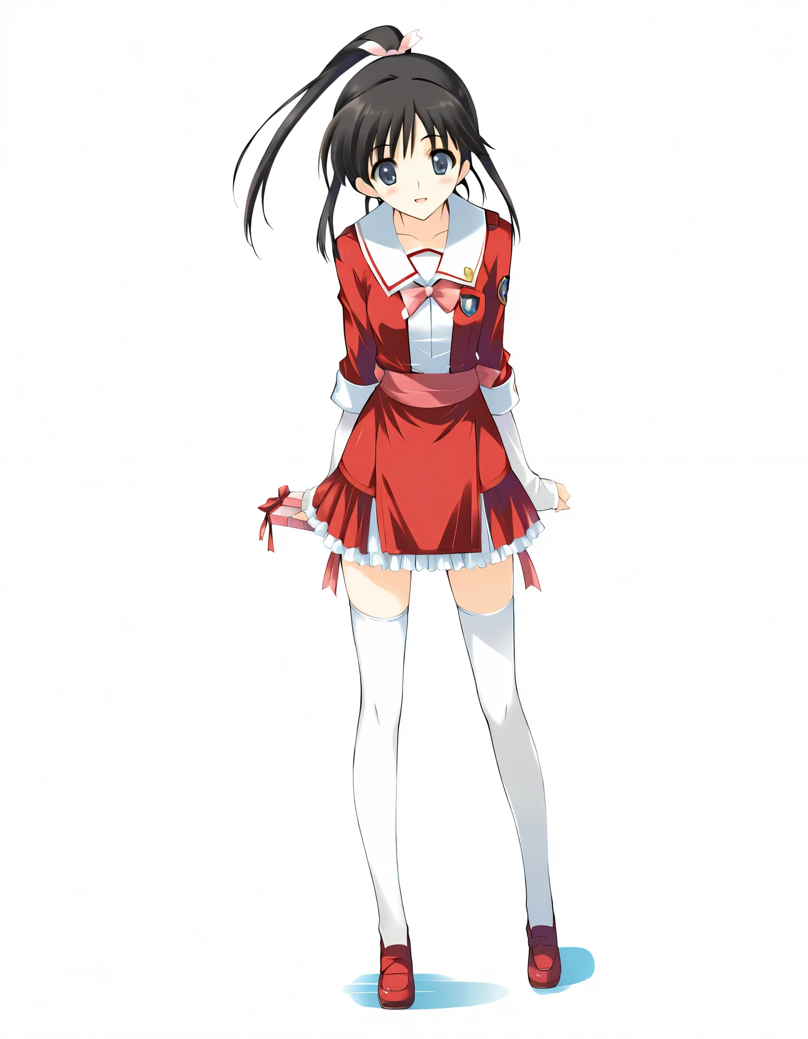 masterpiece,best quality,good quality,smile, looking at viewer, solo, anime coloring,from front, ((sugiura_koharu)),sugiura_koharu\(white_album_2\),1girl,solo,black hair,ponytail,hair ribbon,blue eyes,open mouth,1girl,(((red and white jacket))),(sailor suit jacket),(multicolored jacket)((red bow tie)),((layered sleeves)),((sleeves past wrists)),((red sash)),((waist ribbon)),((red skirt)),((frilled_skirt)), ((white_thighhighs)),,solo focus, full body, long shot,Dynamic pose,High solution,. her hair is floating in the air, Reflecting agile movements, Contrasting colors enhance the lively atmosphere of the scene, The speed effect of moving lines adds an anime touch to the action)), (((Motion Effect))), (Like a subtle blur),(((white back ground))), fighting stance,(((No background))),(((white background))),(hands hold gift box),((hide hands behind back)),blush:0.8