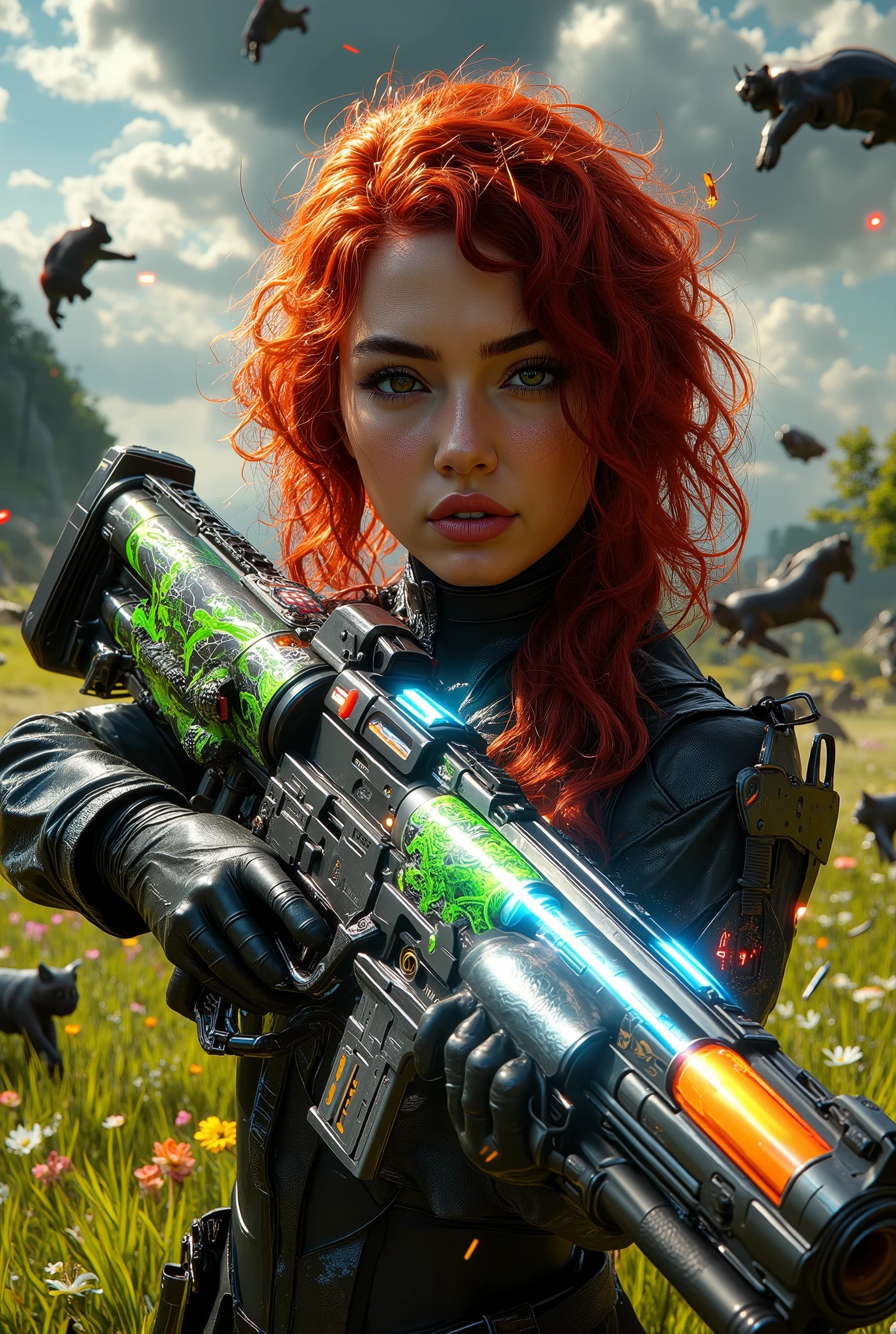  [Style: "masterpiece, realistic (Photorealistic realism), Hyper high resolution, (ultra quality, intricately detailed digital art), focus on extremely Realistic Proportion Body"] (Key Directive: "Prioritize anatomical accuracy and material textures") {Character: "20-year-old white female" | Face: "symmetrical, pale skin, full lips, red lipstick: 1.15" | Hair: "waist-length red curly (setting light reflections: 0.5)" | POV: {(("first person view"))} | ((first person shooting position)) "hold a Custom Railgun in hends" Weapon: "Custom Railgun (StatTrak™ module)" | Railgun side Engraving : "Japanese dragon (green/blue paint:1.4)" | Display: "((side-mounted counter (red LED '589')))" | Attachments: - "Underbarrel flamethrower "(aim through the scope at running targets ((the human-like very large angry black cat))) (shoot with continuous fire)"- "active, orange/blue flames:0.3, white/yellow flash:0.3" - ("shell casings from fired cartridges fall out from the side of the M16A4:1.4, shell (hot, smoking")) - "Green laser sight (beam visible in airborne dust)" Environment: "Open field (green grass, flowers, small trees) day" | Lighting: "(Cinematic clarity and global illumination)" - "((aim at the target and shoot))'' - ''Muzzle flash from rifle (temporarily illuminates face)" "((background – clear and sharp targets running among the ((cat carcasses, lying around)), human-like large black cat, ((chaos and terror")))) (Rendering engine: "Unreal Engine 5 path tracing, 16K texture maps") } 
