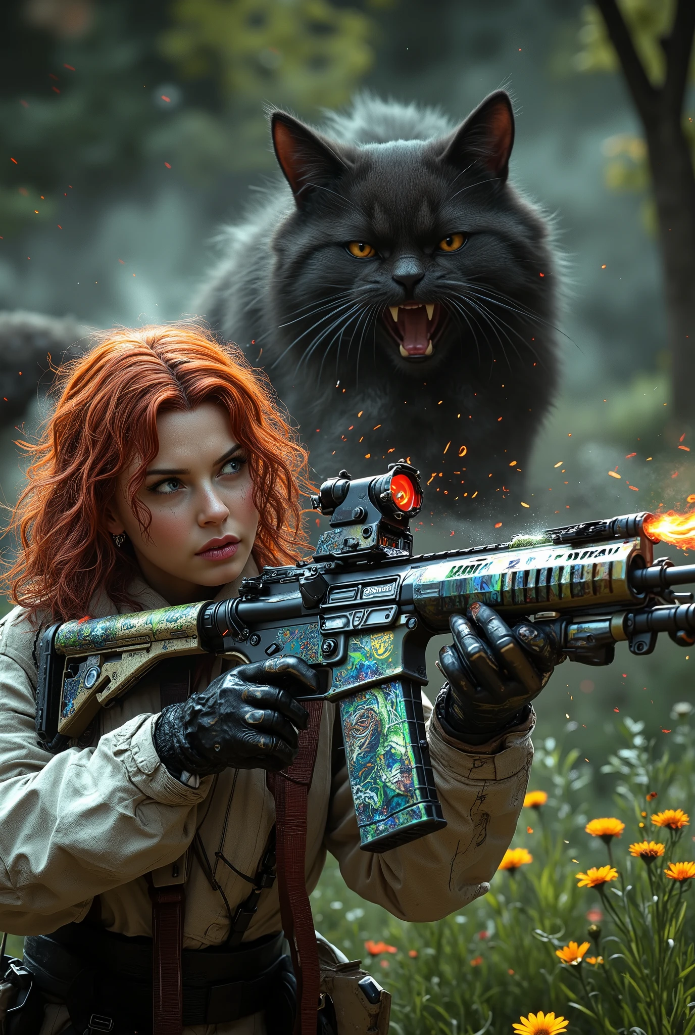  [Style: "masterpiece, realistic (Photorealistic realism), Hyper high resolution, (ultra quality, intricately detailed digital art), focus on extremely Realistic Proportion Body"] (Key Directive: "Prioritize anatomical accuracy and material textures") {Character: "20-year-old white female" | Face: "symmetrical, pale skin, full lips, red lipstick: 1.15" | Hair: "waist-length red curly (setting light reflections: 0.5)" | POV: {(("first person view" - "PUBG Ui"))} | ((first person shooting position)) "hold a Custom M16A4 in hends" Weapon: "Custom Railgun (StatTrak™ module)" | Railgun side Engraving : "Japanese dragon (green/blue paint:1.4)" | Display: "((side-mounted counter (red LED '589')))" | Attachments: - "Underbarrel flamethrower "(aim through the scope at running targets ((the human-like very large angry black cat))) (shoot with continuous fire)"- "active, orange/blue flames:0.3, white/yellow flash:0.3" - ("shell casings from fired cartridges fall out from the side of the M16A4:1.4, shell (hot, smoking")) - "Green laser sight (beam visible in airborne dust)" Environment: "Open field (green grass, flowers, small trees) day" | Lighting: "(Cinematic clarity and global illumination)" - "((aim at the target and shoot))'' - ''Muzzle flash from rifle (temporarily illuminates face)" "((background – clear and sharp targets running among the ((cat carcasses, lying around)), human-like large black cat, ((chaos and terror")))) (Rendering engine: "Unreal Engine 5 path tracing, 16K texture maps") } 