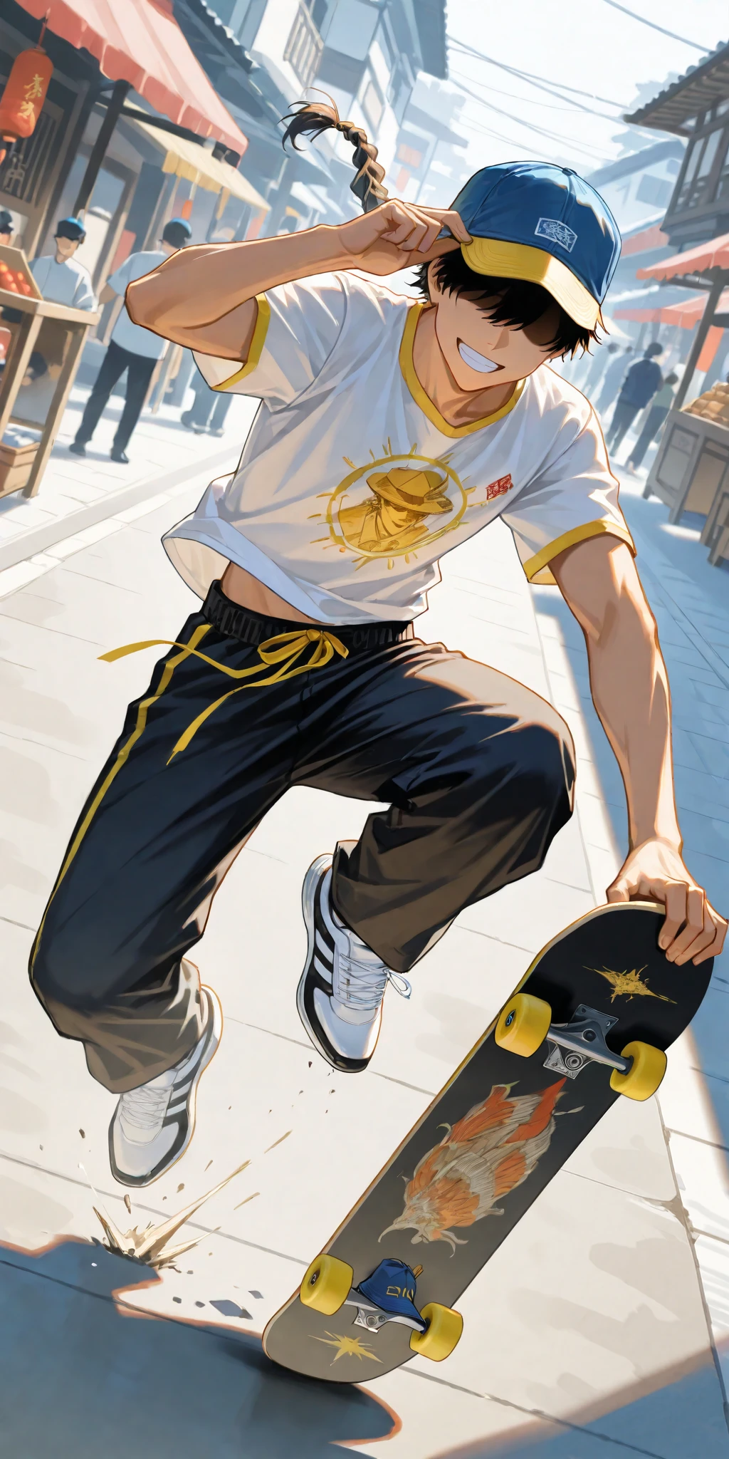 1 boy \(( That's it \(\)), (young man), jumping high on a skateboard , hand on hat edge , hidden eyes on a deep dropped hat ,( blue hat with ( yellow brim :1.2)), long braided hair, loose black pants ( Wudang Tai Chi ),White sleeves ( Tai Chi shirt Wudang ), sport shoe pads, big smile ,slim,\), ancient Chinese countryside market street , for the cover of, Dynamic movement, dynamic angle, action scene , blur motion, Hong Kong's vibrant people , really,is a wonderful painting, best quality, dynamic focus line