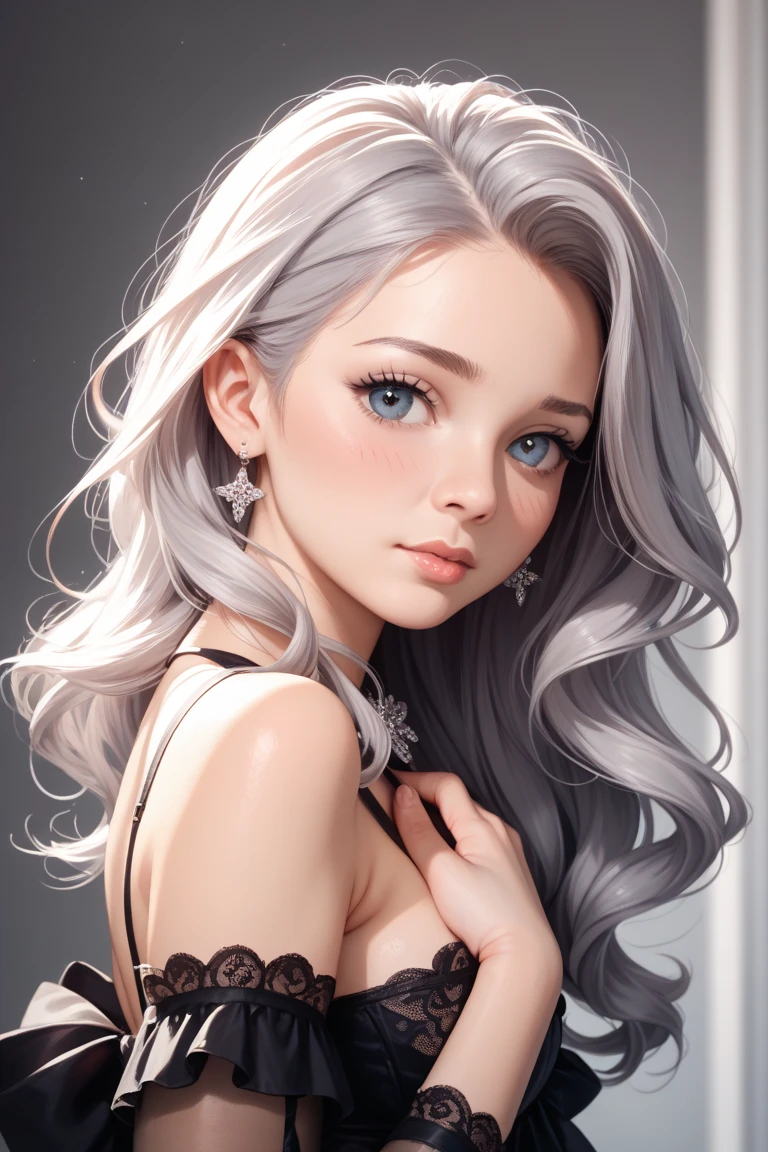 Clear Image、best image quality、Highest quality、beautiful girl who is too cute、Age 15、 hide 、silver hair short hair、blurry grey background、shy face、black revealing ribbon clothes