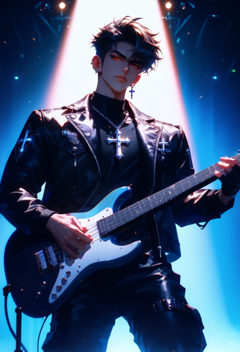 playing the guitar while standing up, detailed portrait, ((man playing black electric guitar, standing up, detailed eyes)), (short hair, black hair, tight black cargo pants, black leather jacket, black shirt, ear piercings, looks like a kpop idol, silver necklace with a cross, black fingerless gloves), stage, spotlight, concert hall, atmospheric lighting, cinematic, dramatic, masterpiece, 8K, hyper-detailed, physically-based rendering,vibrant colors,dramatic shadows,cinematic lighting