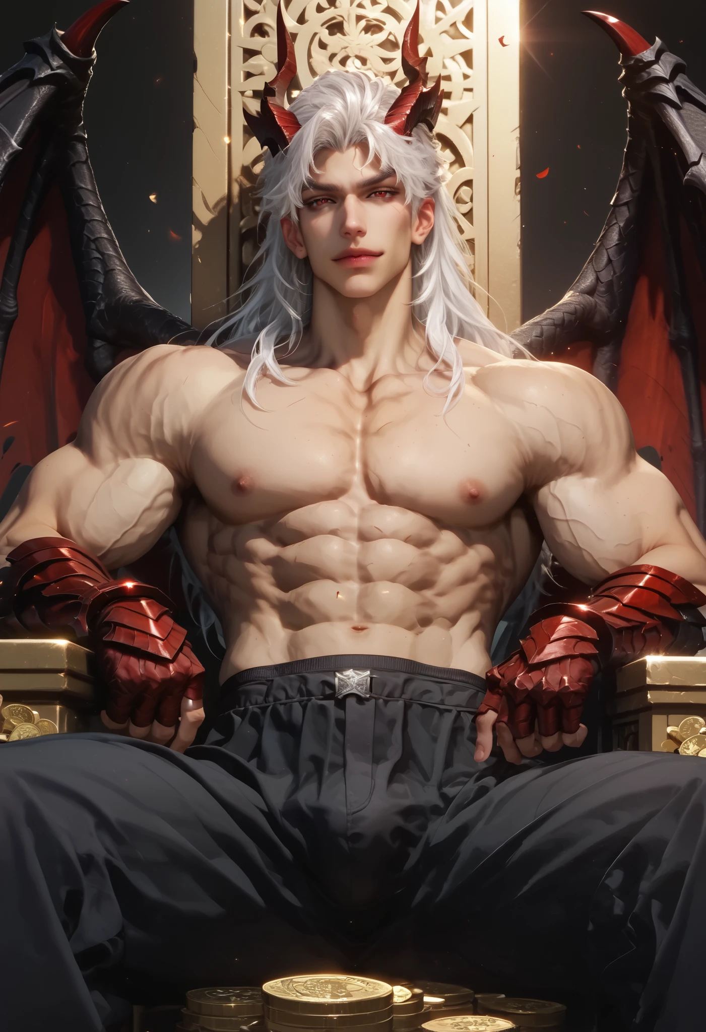 Anime illustration semi-realism of Chinese human dragon hybrid male, semi realistic, shirtless under armor, shirtless, topless, no shirt, muscular, very broad shoulders, smaller waist, slightly muscular body, Asian eyes, monolid eyes, long hair, (((long white hair))), pretty lips, (((red eyes))), sleek design, evil smirk, masculine facial features, detailed face, handsome face, sharp facial features, big bulge, sitting leaning back on big golden throne on top of gold coins arms on armrest, looking at viewer, dynamic light, black and red dragon wings, black dragon horns, has a black dragon tail, black and red armor, black red pointy jagged sharp hand armor, black red pointy jagged sharp body armor, black tight leather pants, full body picture,