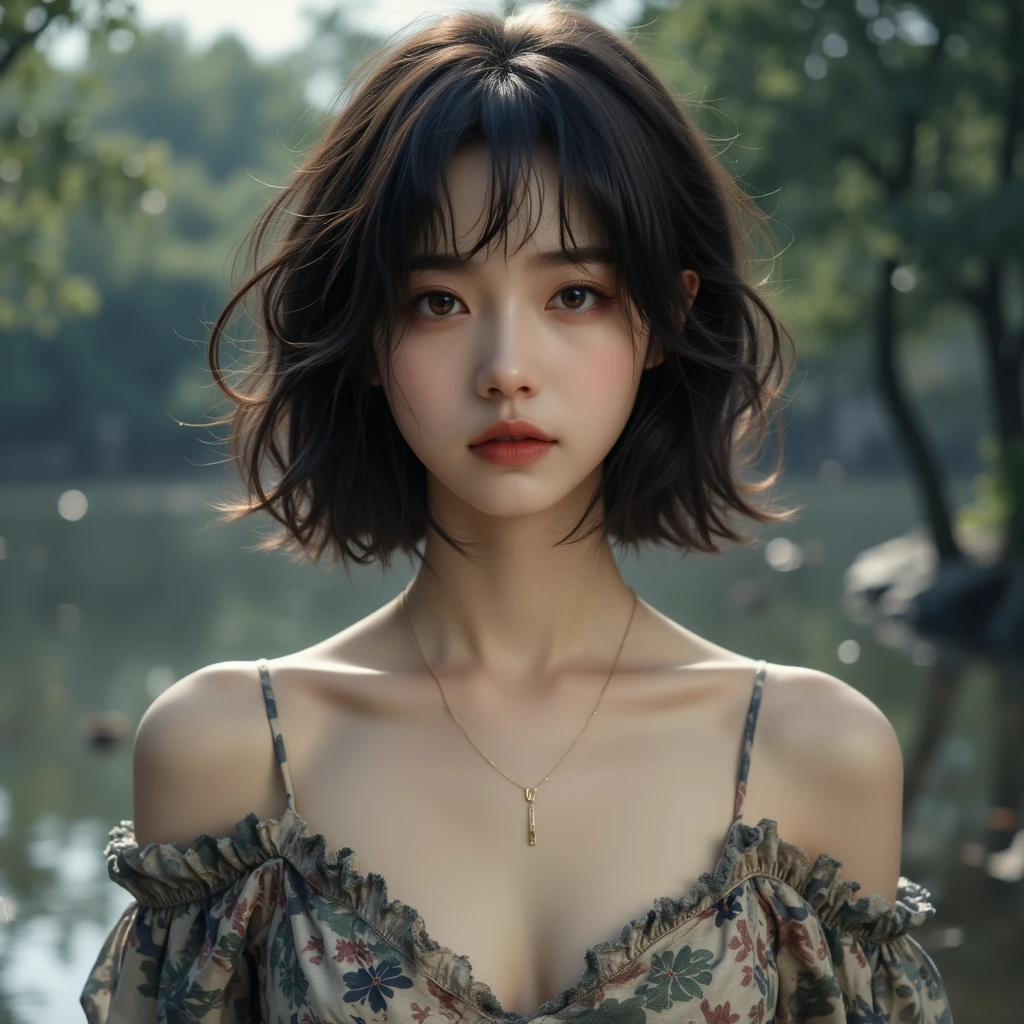 bloom, lens reflection, (8k, RAW, professional, best quality, masterpiece: 1.2), (realistic, photorealistic: 1.37), ultra-detailed, (wide-angle 25mm portrait), (most detailed skin: 1.2), very detailed face, cinematic lighting, 1girl, curly black hair, (windy), dark light, looking at the camera, large breasts,