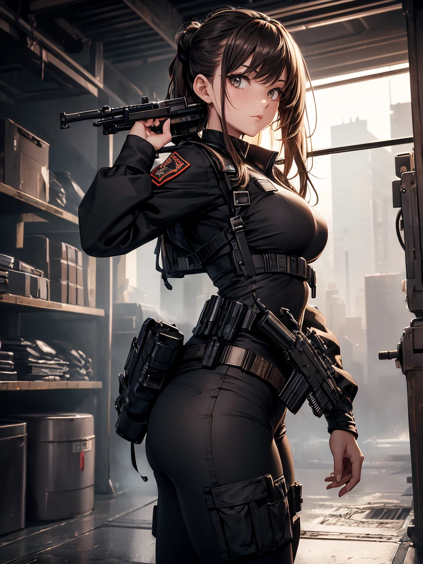 (((masterpiece))),(((High resolution)))、(((8K)))、(((perfect face)))、(((woman having a gun)))、25 years old, look at the camera, thighs, ((top quality eyes)), ((detailed eyes)), ((detailed face)), (detailed texture)