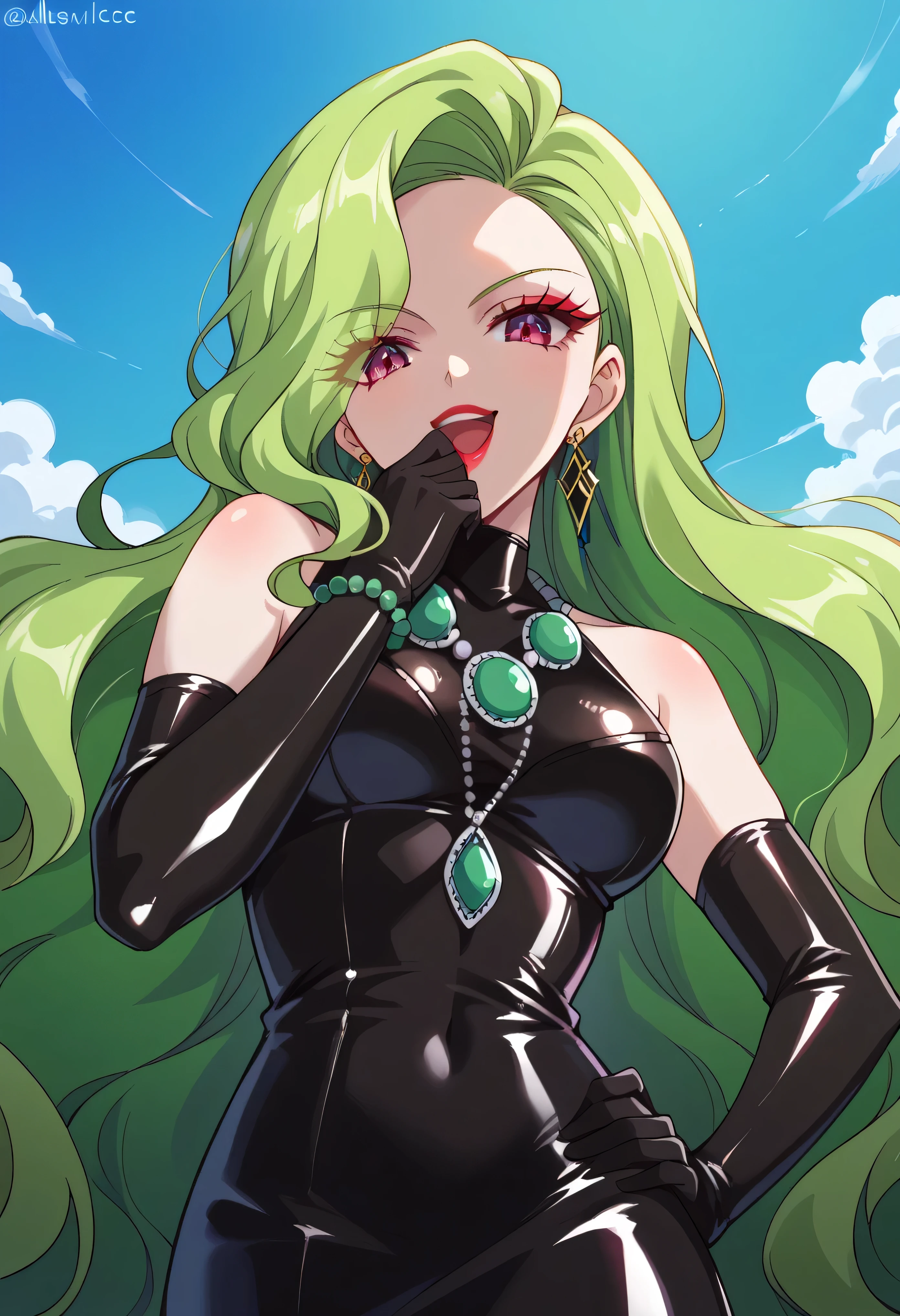 1 girl, cute face, green hair, very long hair, wavy hair, blacklatex alone, gloves, red lipstick, makeup, elbow-length gloves, eye shadow, bare shoulders,shiny   black latex dress, gem necklace,gigant amethyst earrings, black and purplebackground,very evil laugh out loud,Shaded face(eyes in shadow), dark aura,opens your mouth wide,Strong Malice 、Laughing wickly、Self-conceit,from below,looking down at viewer,hand on mouth,hand on hip,