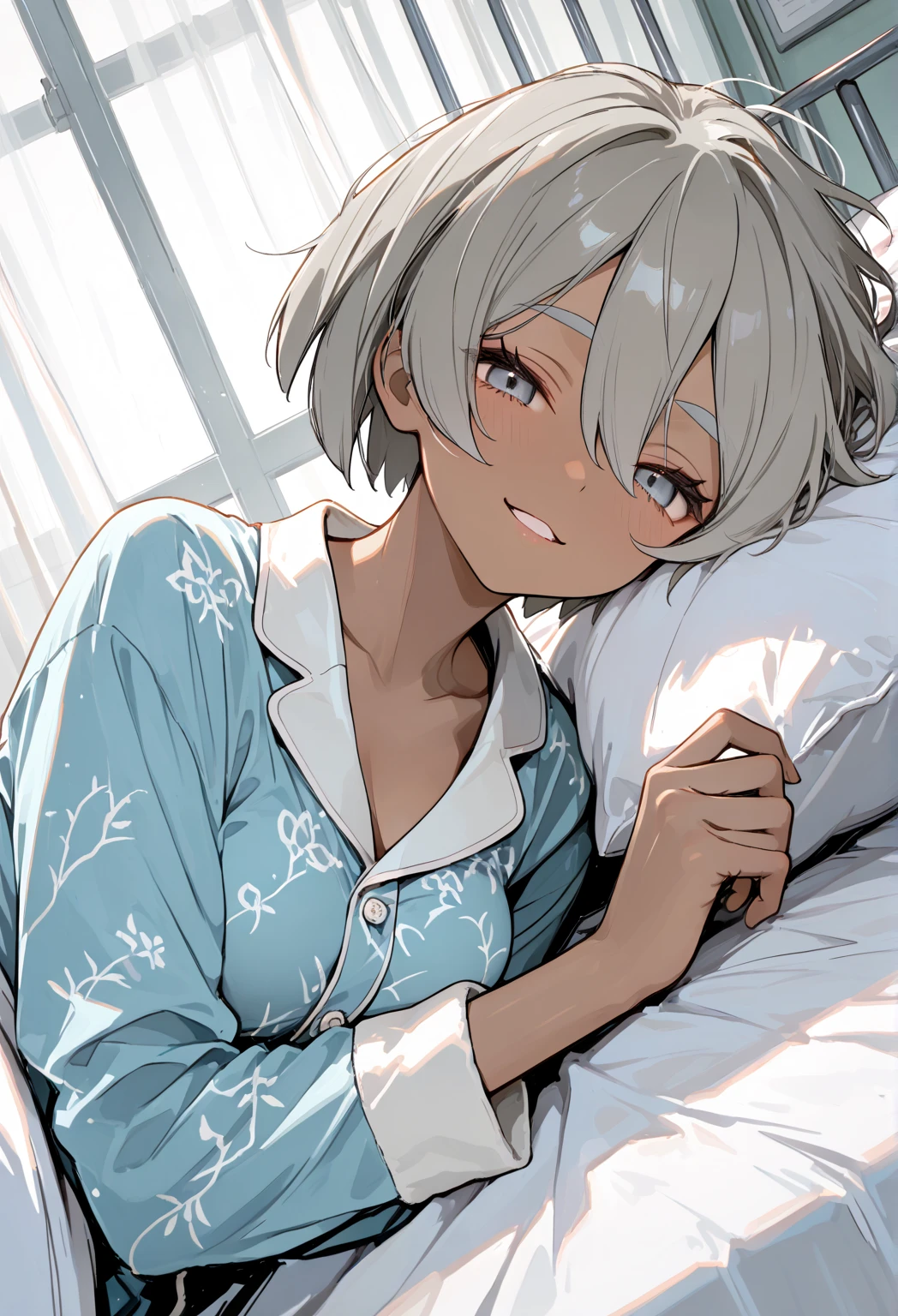 1girl,look at viewer,crying,sit on user,bottom view,hand wipe the tears falling from cheeks,in the bedroom,dark,night,wearing pyjama,short hair,white hair,green eyes,mature