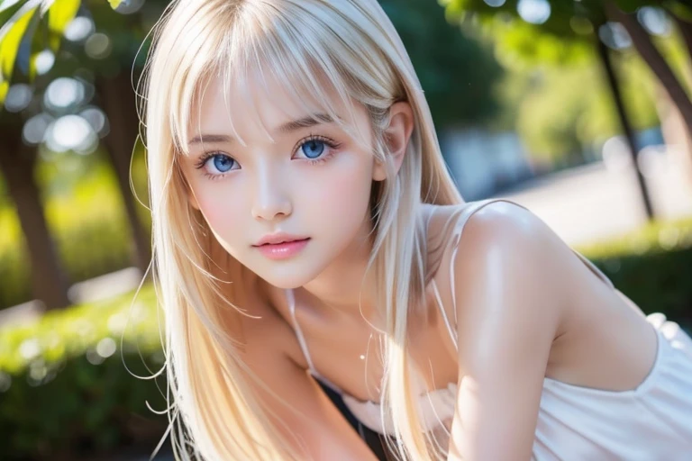 Sexy 17 year old girl with shiny blonde silky hair dazzling、Cute sexy little beautiful face with shiny hair dancing in front of beautiful cute face、long silky bangs covering the eyeeautiful pale light blue big eyes、 Straight silky hair with super long hair that hides the face、Sexy cute young woman、full body nudist、Small face beauty、Pure white and beautiful shiny skin、cowboy shot,