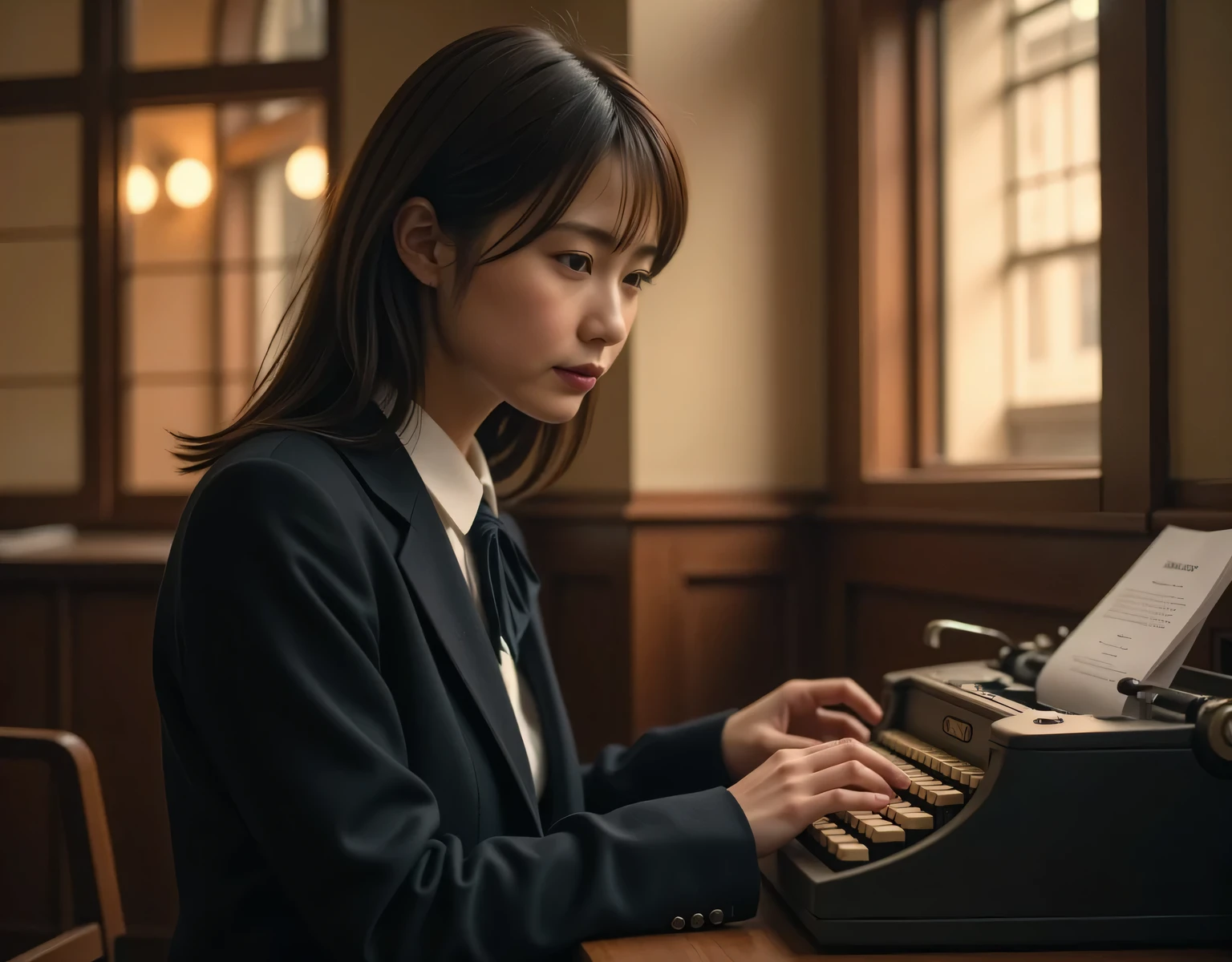 Dramatic Scenes , shadow, Global Illumination, alone, from side, retro female student photo :1.331, by Nomi, Beautiful Japanese woman's face, She wears black-rimmed glasses:1.1, In an old high school classroom:1.5, she keys a typewriter with a retro design:1.331,, Staring at her hand:1.331, side view :1.331, Very by Nomi photos, super real, photoRealistic, Perfect Anatomy:1.21, small head:1.21, Close your lips , black trail blazer :1.21, A plain blazer uniform from a famous high school in the city, Black blazer:1.331, white shirt:1.21, Black thin loop ribbon :1.331, black hair:1.21, bob cut hair:1.21, Beautiful Japanese woman's face without makeup:1.21, Detailed Iris, Sharp eyebrows:1.37, detailed face, Glowing Skin:1.21, in a dark classroom at dusk, Silky Screen, nostalgic photo of the sunset shining in an old high school classroom, The dynamic, cinematic lighting shines,