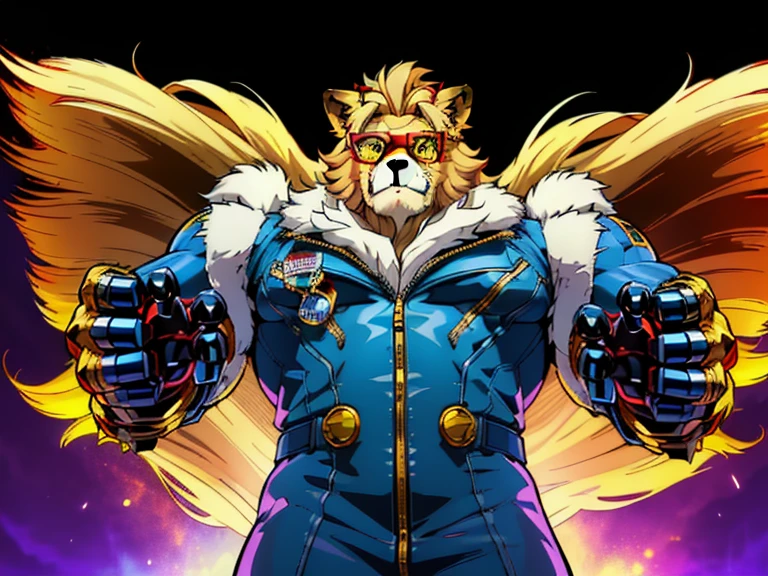 score_9, score_8_up, score_7_up, score_6_up, dynamic pose,masterpiece,anthro,solo, (Cornelius, Male, furry, Lion anthro, Medium muscular lion, no mane, brown, light brown lion, feline, long brown pony tail hair, lion ears, wearing tiny gold round glasses, sexy, hands, standing, posing, good anatomy, arms, male anatomy, perfect anatomy, perfect body no defects, hands, 5 fingers, perfect hands, completely perfect body, 4k (Realistic eye details 1.2), fluffy fur, source anime, best quality, anthro, A muscular lion man with a strong build. He has a well-defined jawline and a serious expression. His fur is brown, pony tail long, and he has no mane., mature male, anthro, feline, animatronic, robot, good drawn sharp teeth, no blur, red body, claws,sharp teeth, gold tooth, gold (metal),shredded ears, animal ears,ear piercing,jewlery, white sclera, yellow eyes, male,countershade,fur,white sclera,tall male,hairy male,one hooked hand,muscular male,damaged body,black robotic legs,damaged pec,high angle,close up. Fnaf, halloween party house background. by null-ghost, masterpiece, best quality , furry, wolf, Two tons of fur, ( black fur :0.8), Broad shoulders, Narrow waist, teeth, ghost, , chest hair, night, animatronic, robust body, friendly appearance, blue and white metallic fur, red vest, and gold accents, glowing eyes, warm smile, big dumb smile, Highly detailed, High Quality, Masterpiece, beautiful