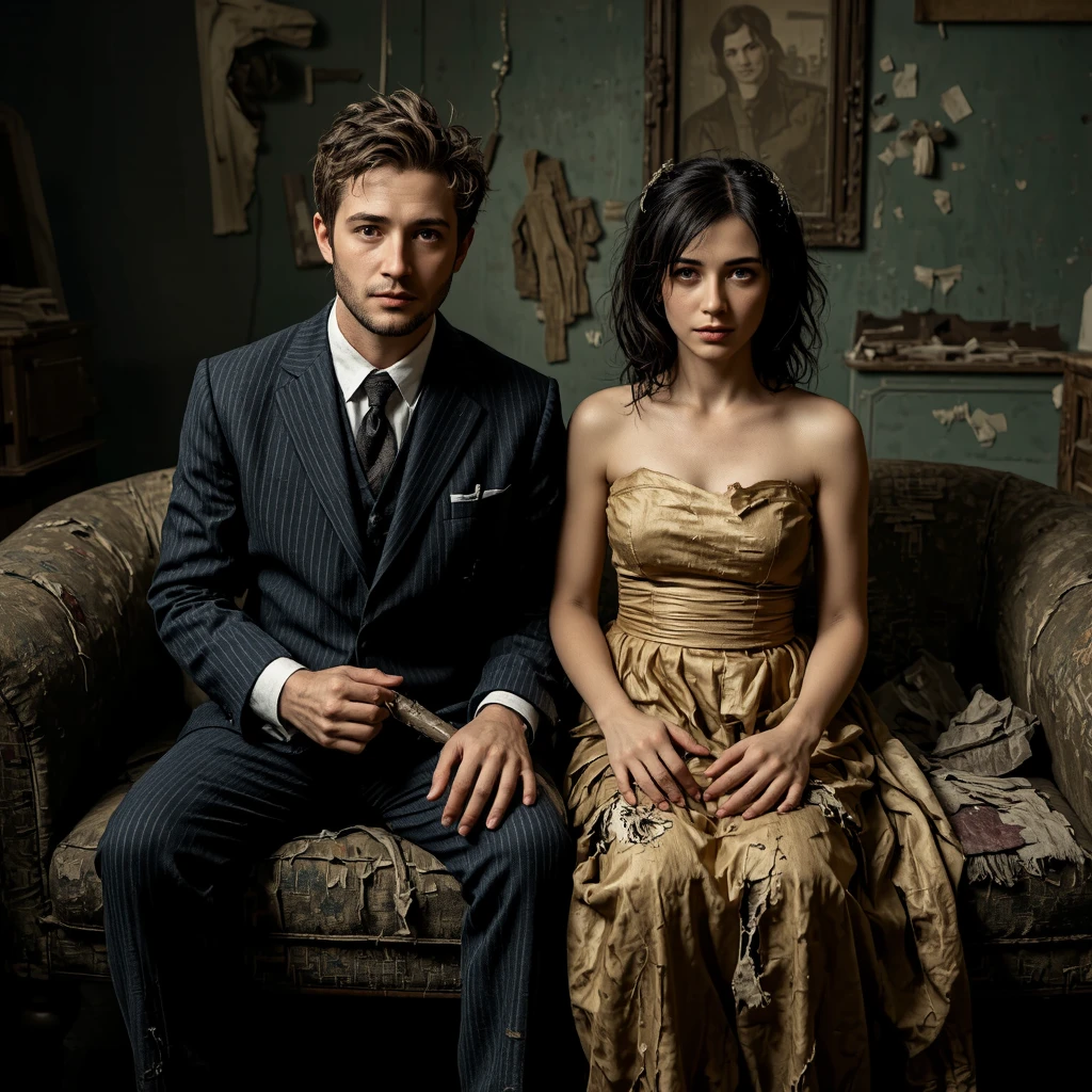 A vintage couple, vintage clothes, (black haired man), (blonde woman)