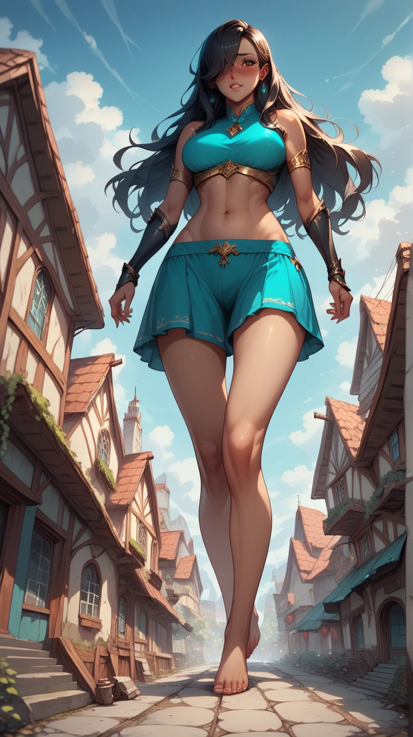 A beautiful giant woman in Halter tops,standing in beside a height chart. The street is too narrow for her, so she is forced to support herself by pressing her ((hands against the roof)),((long legs)),full body photo,(standing in crowd)