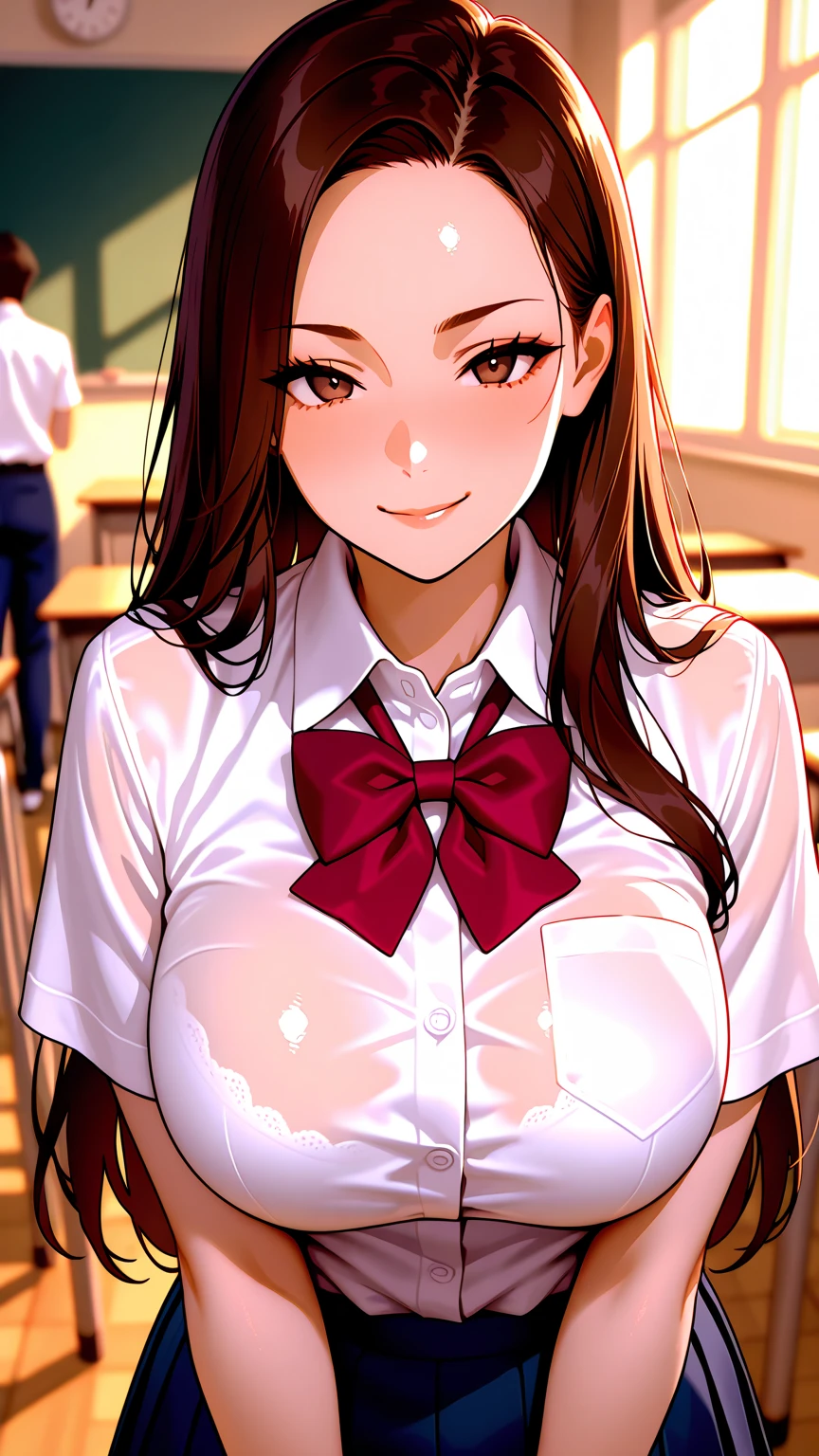 masterpiece, best Quality, amazing quality, hyper-Detailed, explicit, high resolution picture, super detailed, A breathtakingly beautiful Japanese woman, long hair, silky dark brown hair, wearing a modern school uniform, sailor uniform, suit made of textured fabric with fine stitching, short sleeve shirt, summer style with light fabric,red bowtie, smirk, newest,  shiny skin, large breasts, 1woman, bust-up shot, detailed face, detailed dark brown eyes, forehead, sliced back hair, classroom, daylight
