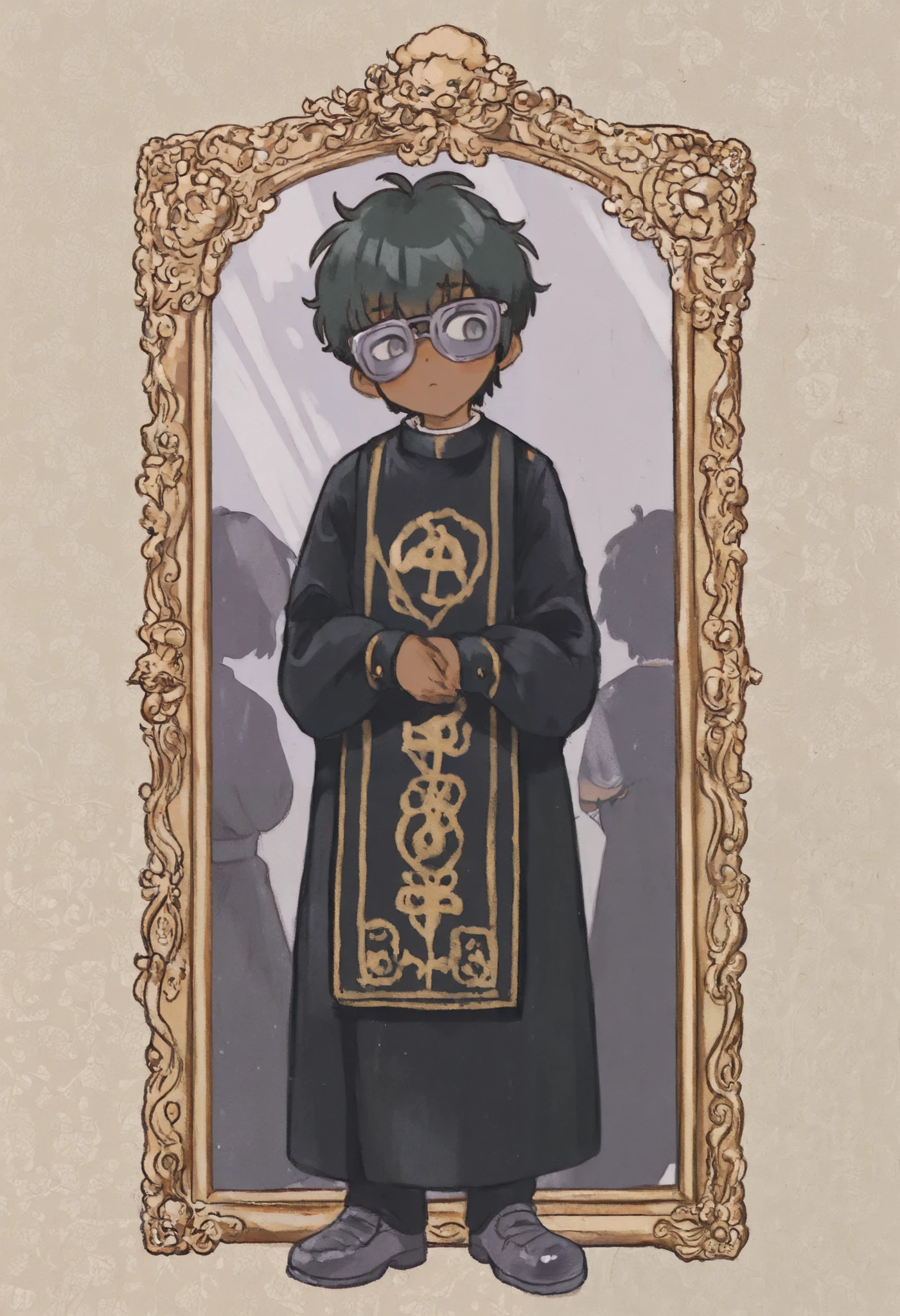 masterpiece, high quality, high resolution icon, Alone, in front of mirror, Hijikata, 1 boy, male focus, black hair, dark skin, gray eyes, square purple sunglasses, with priest's cassock, pope style, full body