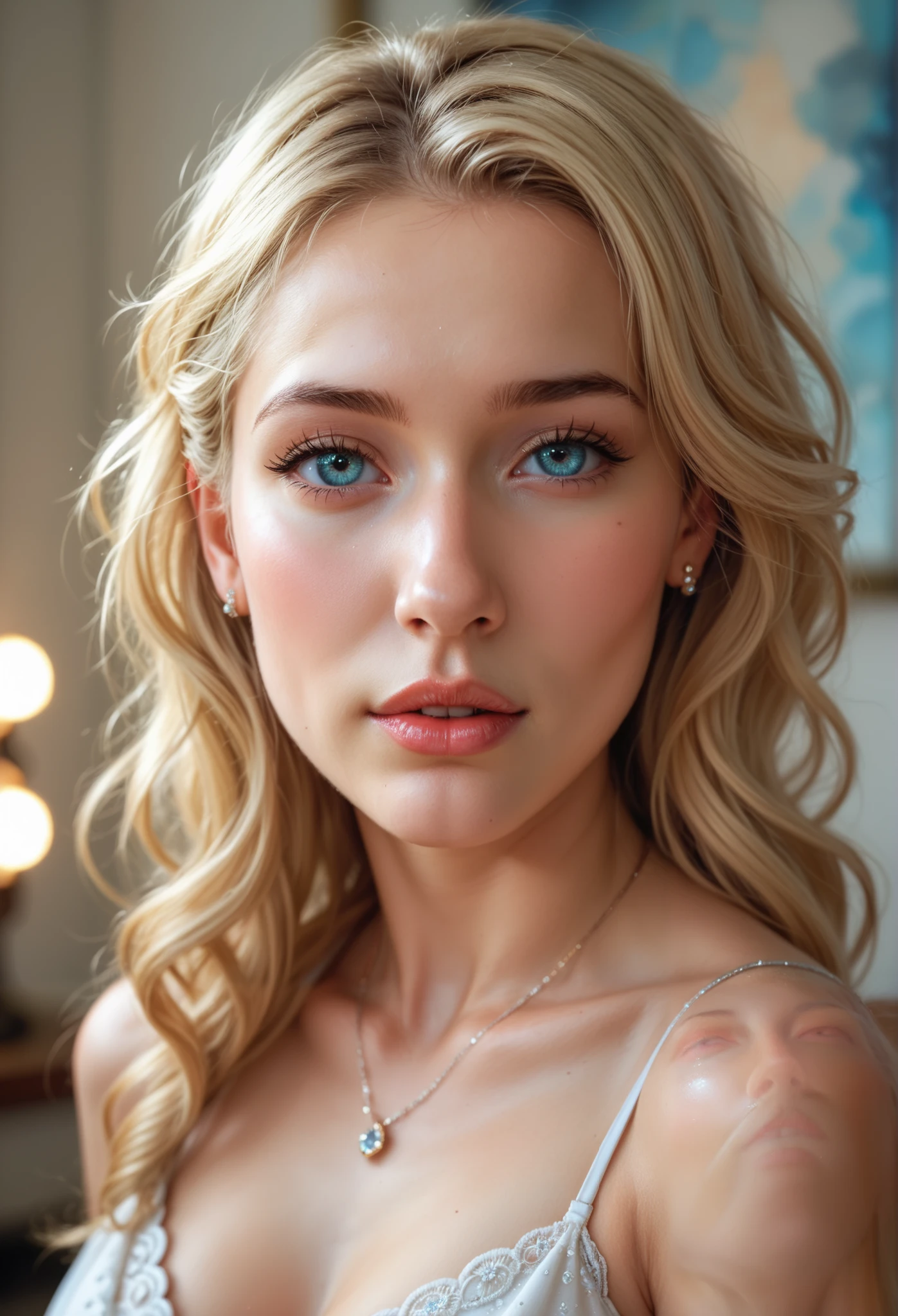  beautiful blonde woman, portrait of a beautiful and elegant woman, delicate face and fine features, silky and shiny blonde hair, expressive eyes and captivating look,  Smooth and luminous skin ,  dressed elegantly , posing gracefully and delicately, natural and relaxing background,  soft and warm lighting , realistic and photographic art style, high quality digital painting, 4k, ultra detailed, Foto-realista, hdr, studio lighting, vibrant colors, bokeh